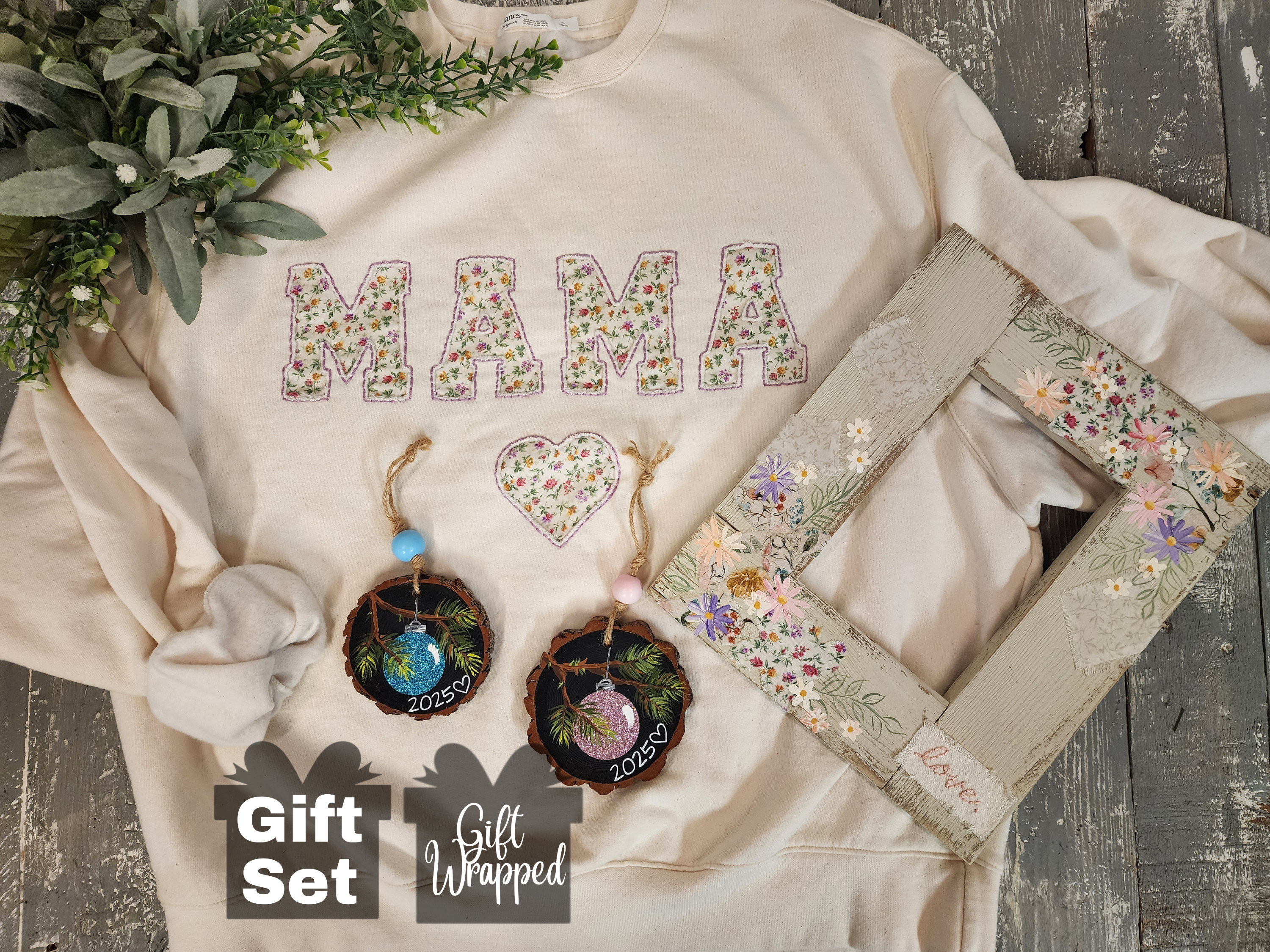 Mama Christmas gift set, cozy hand made embroidery sweatshirt, junk journal recycled wood frame, wood slice baby first Christmas ornament