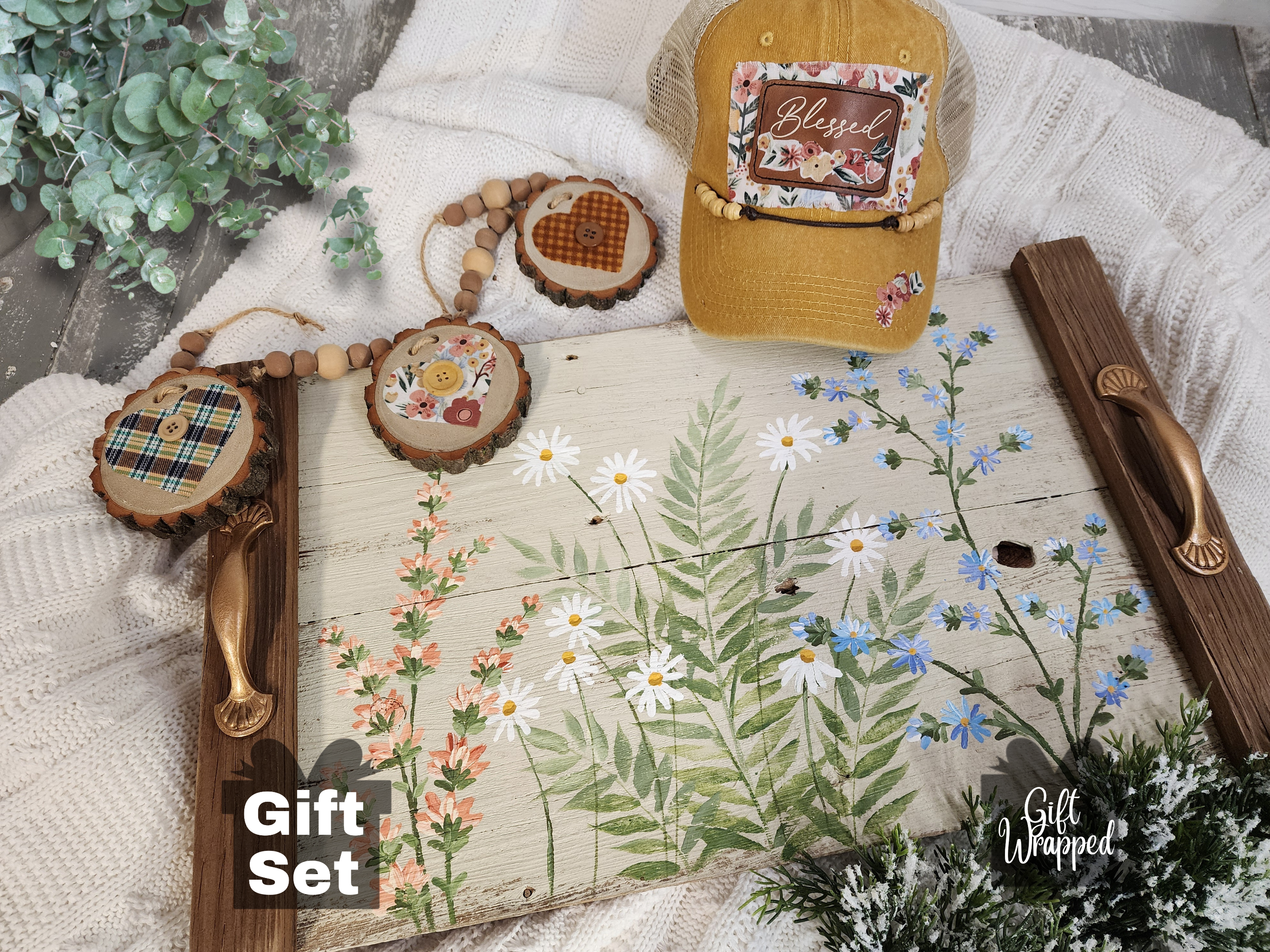 Cozy Christmas gift for her, custom baseball trucker hat, hand painted wildflower wood tray and wood slice garland, gift wrapped