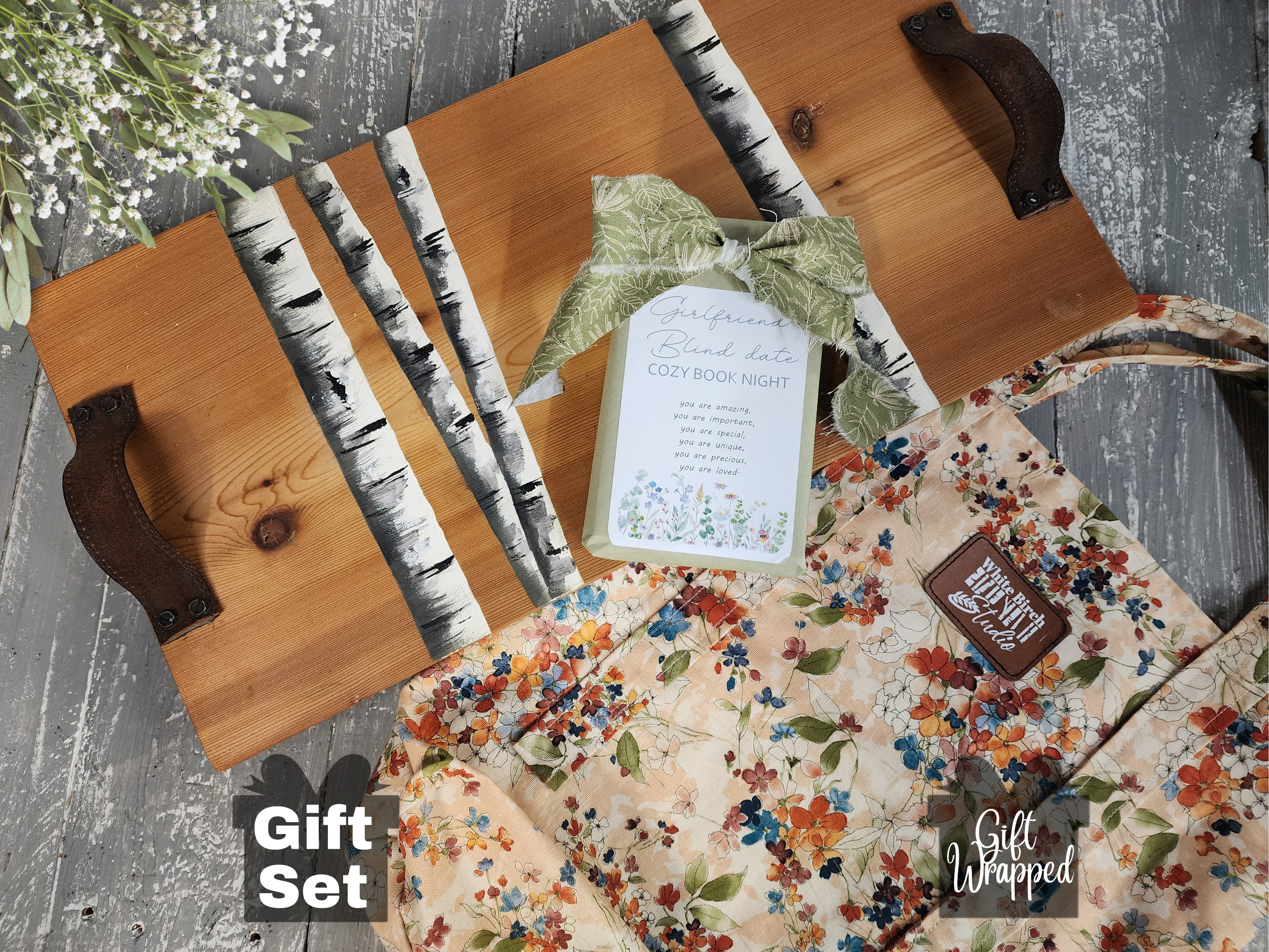 Cozy 3-Piece Gift Set for Her | Surprise blind date Book, Handmade Cedar Charcuterie Board & Lined Tote Bag, Girlfriend gift wrapped