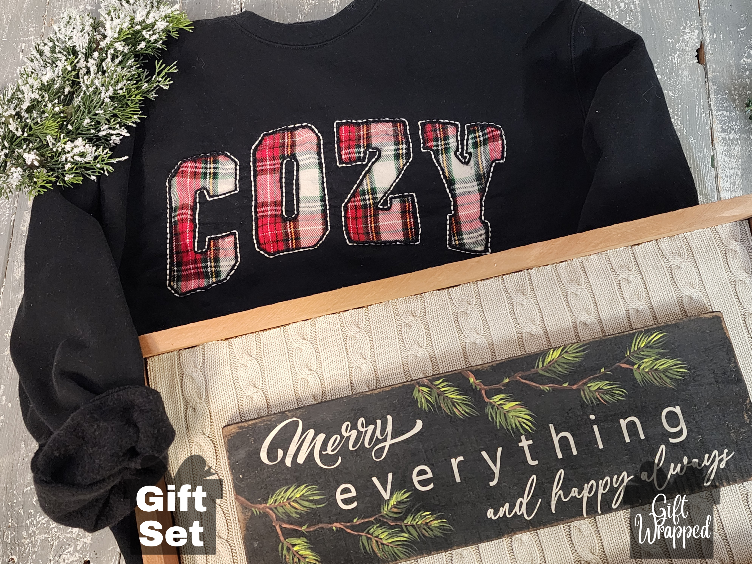 Cozy Christmas gift, handmade flannel embroidery XL crew, Merry Everything hand painted pallet wood art sign on recycled sweater material