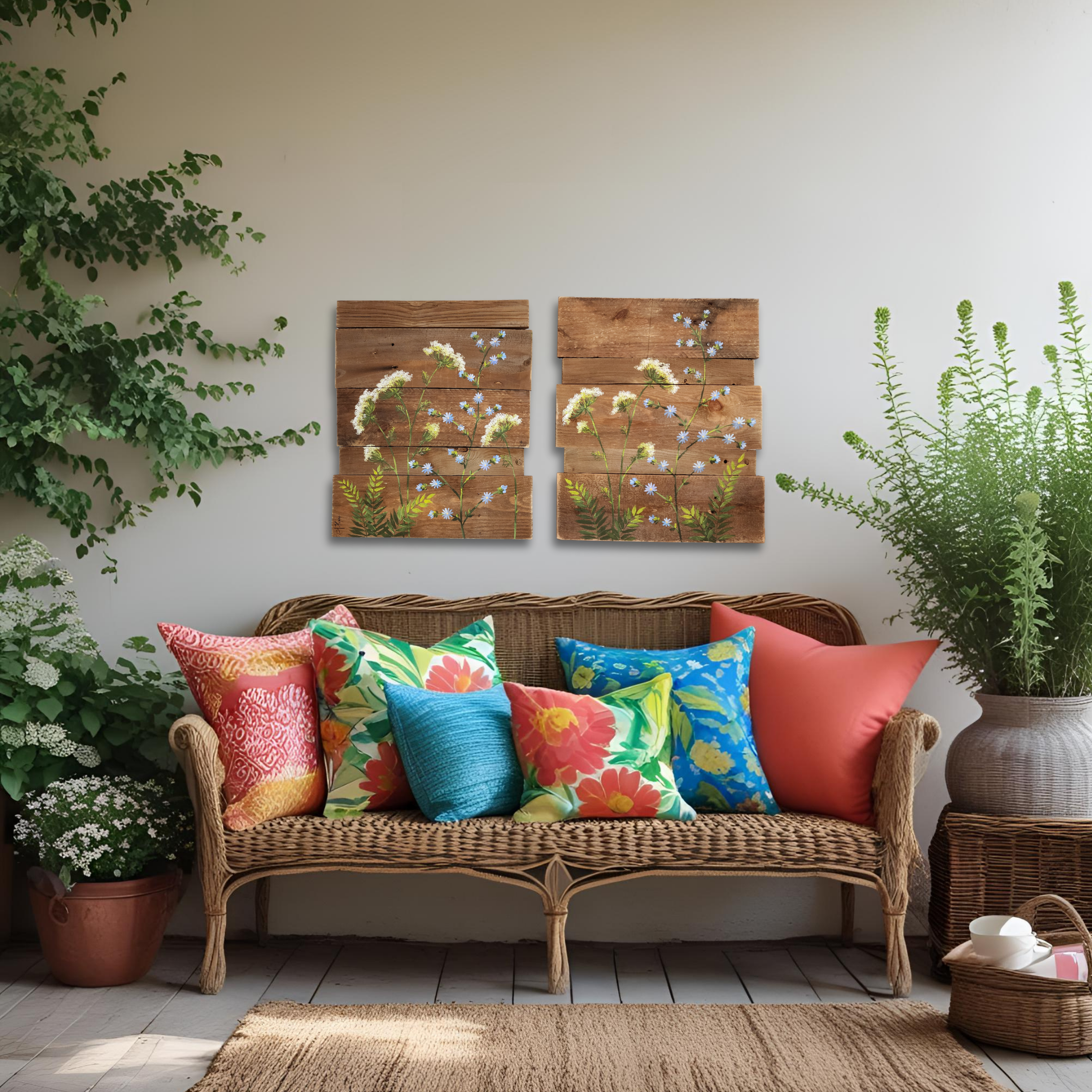 2 Piece Pallet wall art with hand painted wild flowers, cedar natural wood stain for modern mid century farmhouse decor, gardening gift, cottagecore