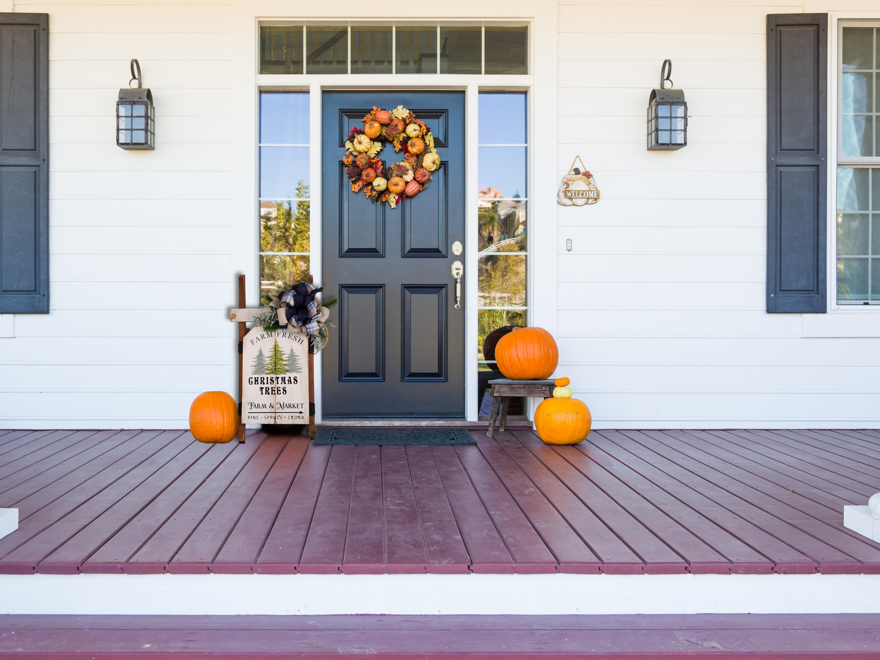 Christmas handmade vintage sled with blue accents, Holiday porch decor, recycled wood hand painted pine Christmas trees, Farm fresh trees for sale sign (Copy)