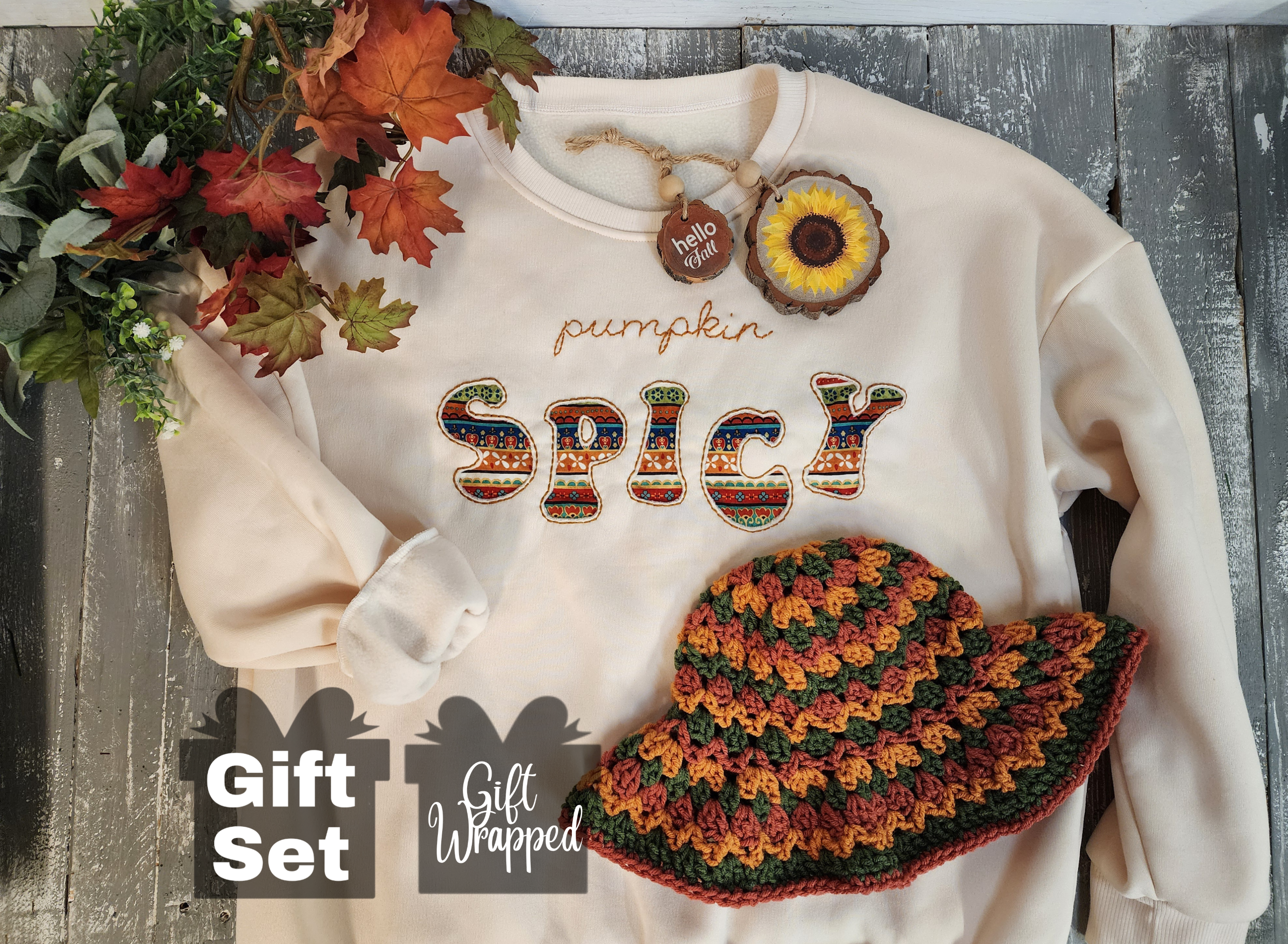 Fall pumpkin spice sweatshirt, cozy hand made embroidery crew, wood slice sunflower ornament, Autumn colors crochet bucket hat, gift set