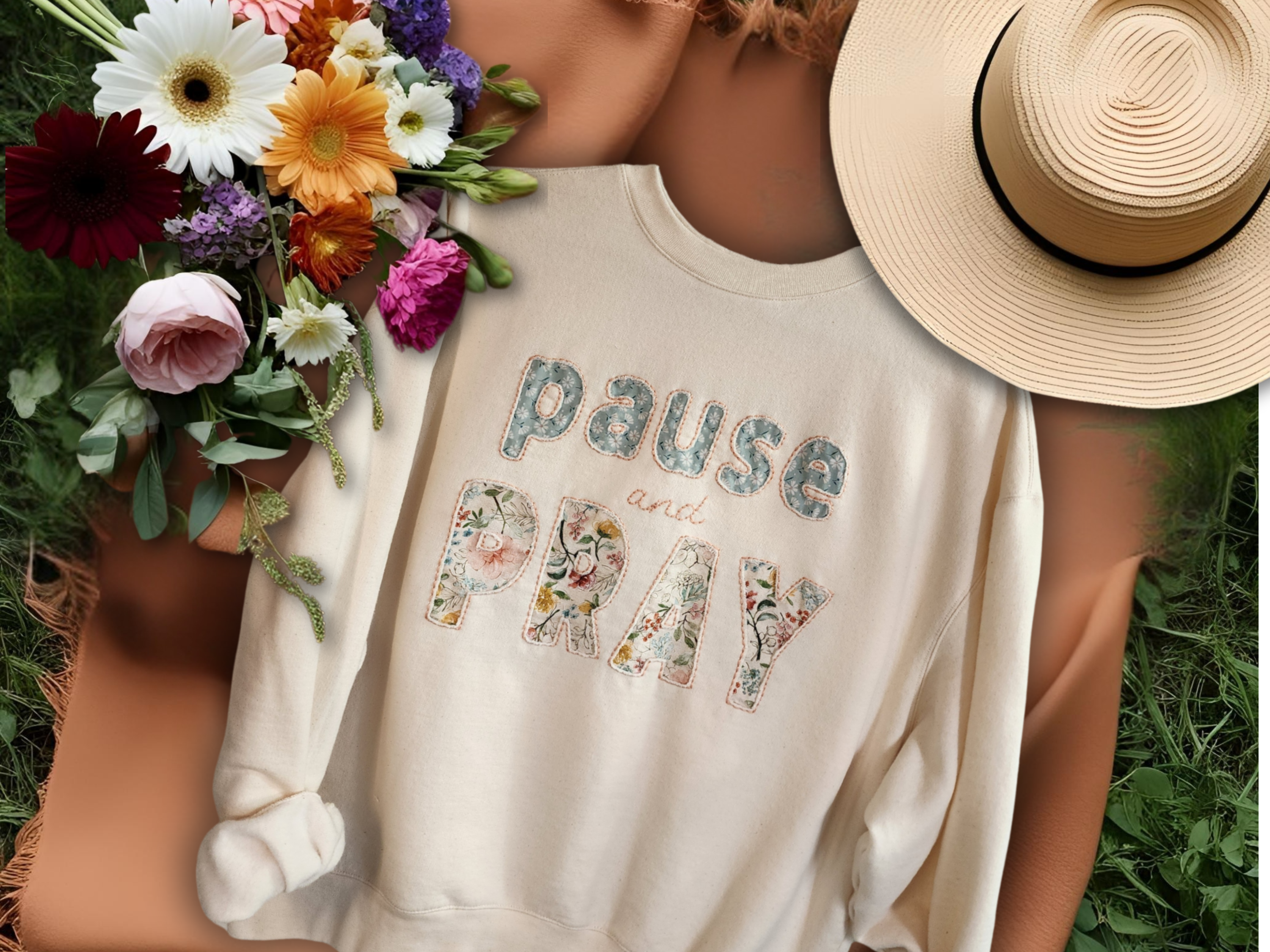 Floral Boho comfy faith embroidered Sweatshirt | Self-care warm handmade crew | Christian Gift for Her \ floral calico / homemade, pray