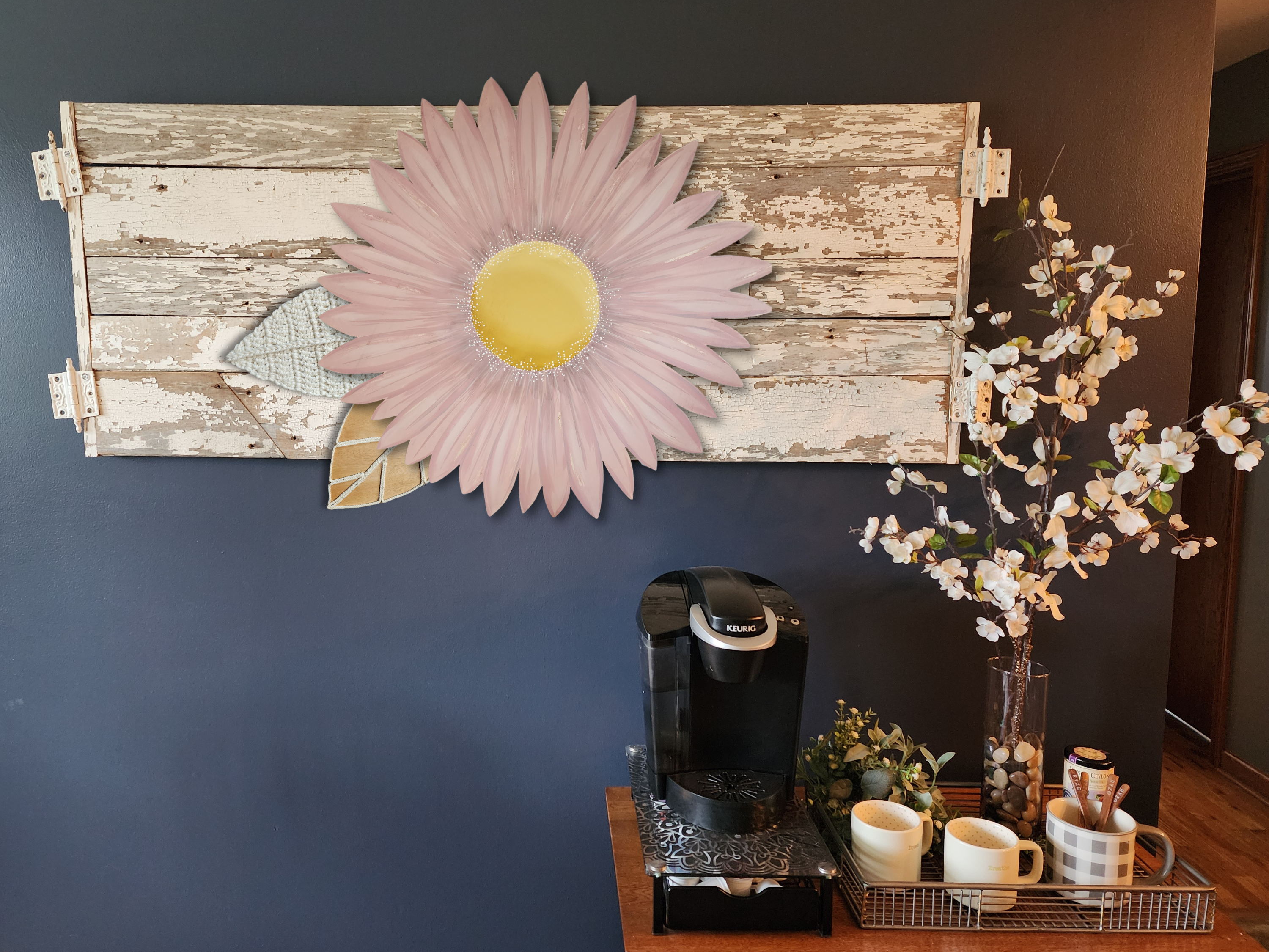 Giant blush pink hand painted gerbera daisy Summer porch wall art, boho girls bedroom, wild flower statement sign, Spring wood door hanger