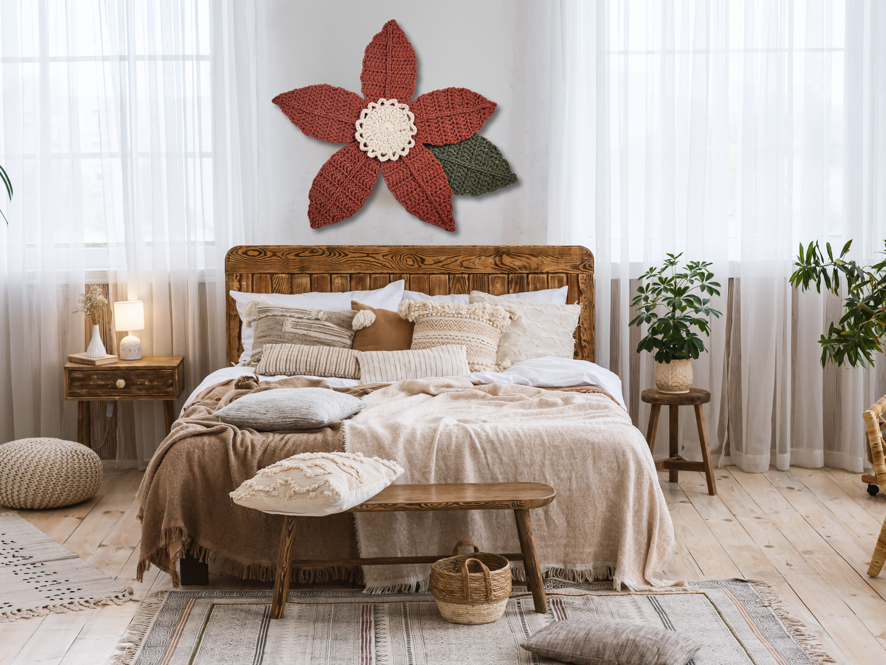 Giant flower wall art rust orange crochet handmade, mother day boho decor, girl floral nursery decor, wildflower boho statement artwork