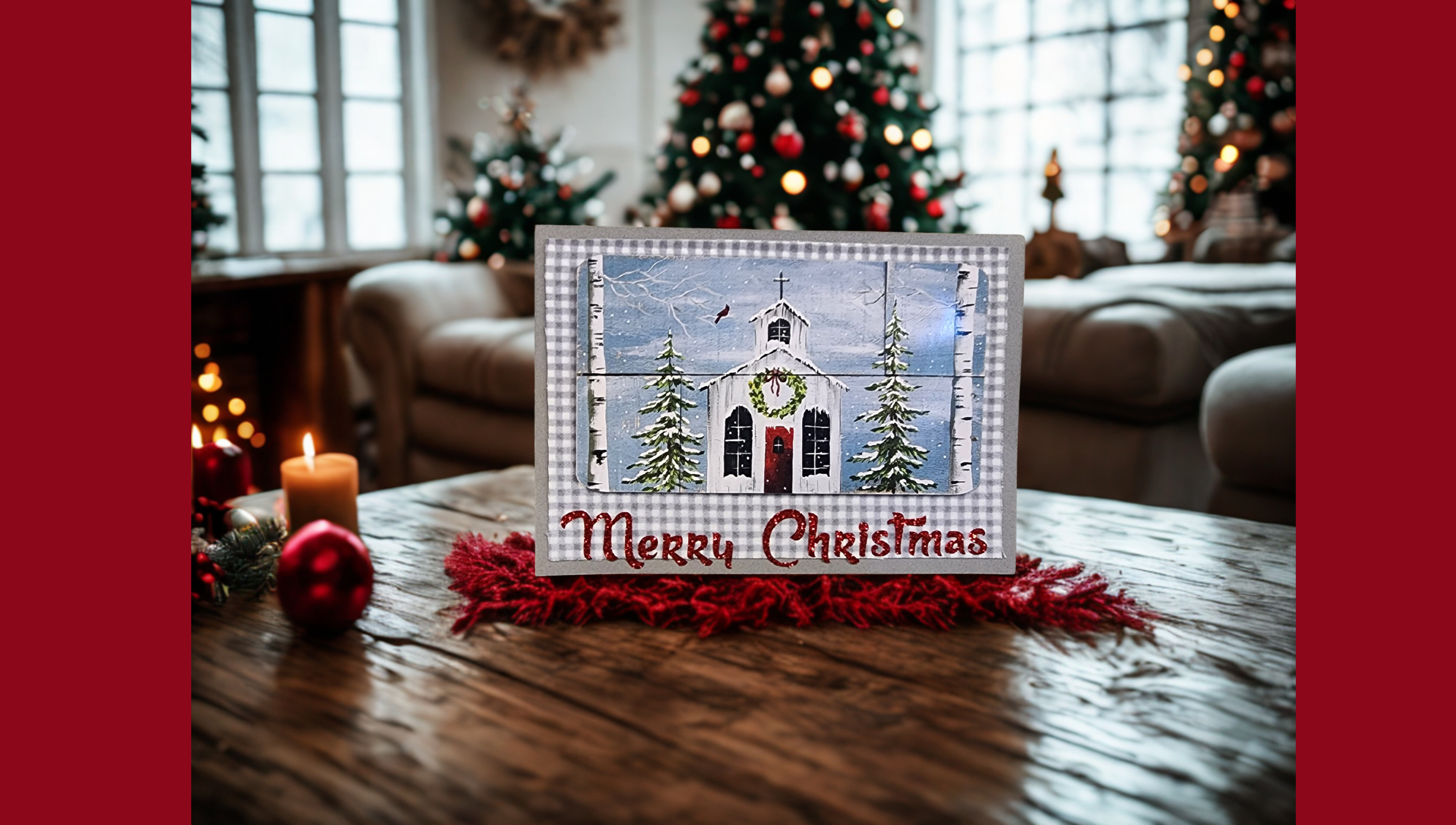 Handmade Christmas cards, painting print of holiday church & red cardinal, gray plaid flannel, red glitter Merry Christmas, set of six (6)