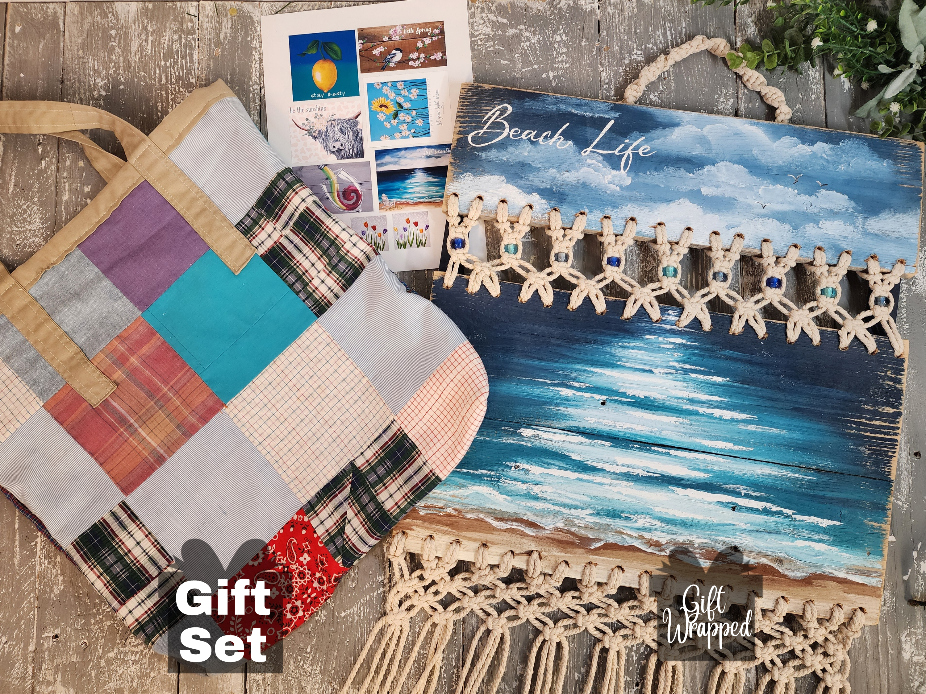 Beach lover Christmas gift set for her, acrylic beach painting on recycled pallet wood, boho macrame, recycled beach bag made from quilt