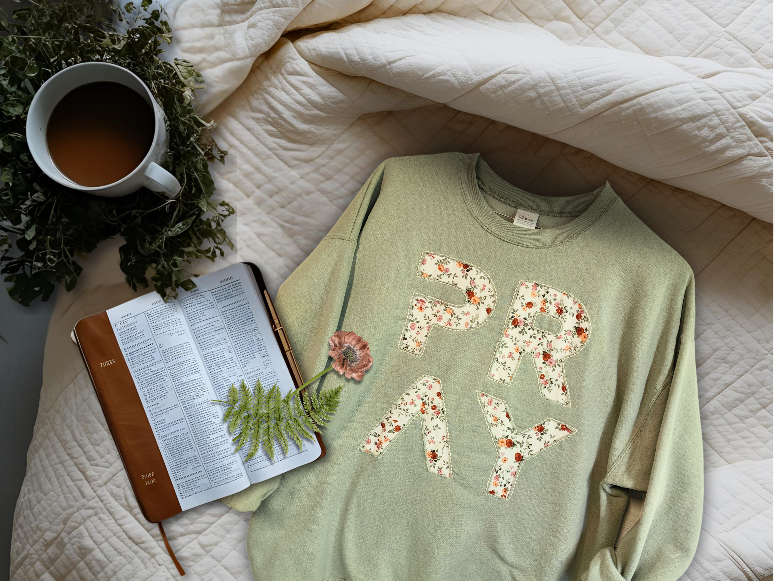 Christmas gift set, cozy hand made embroidery sweatshirt, PRAY, junk journal recycled calico frame, crochet bucket hat