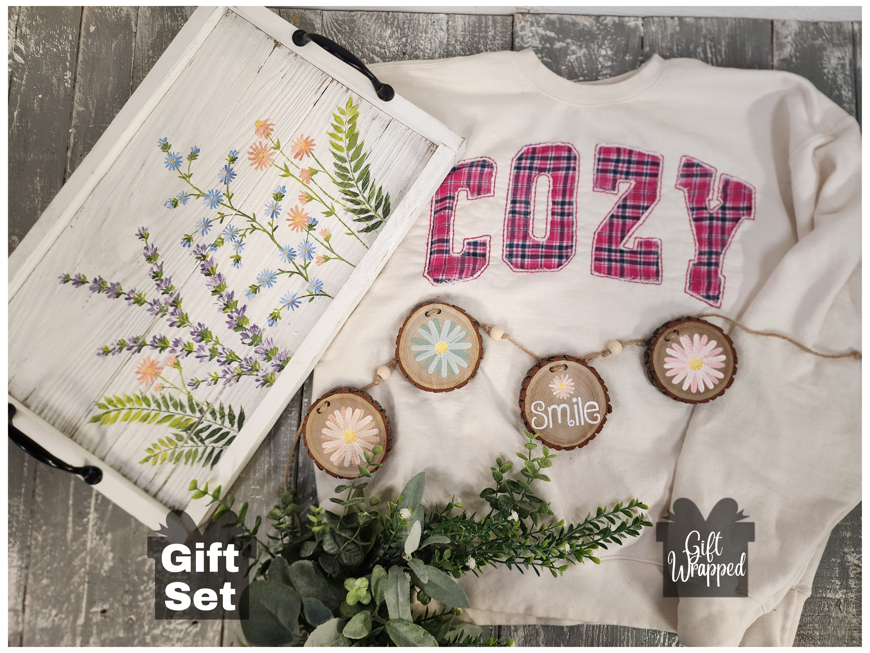Cozy Christmas gift for her, handmade flannel embroidery L crew, hand painted wildflower wood tray and wood slice garland, gift wrapped