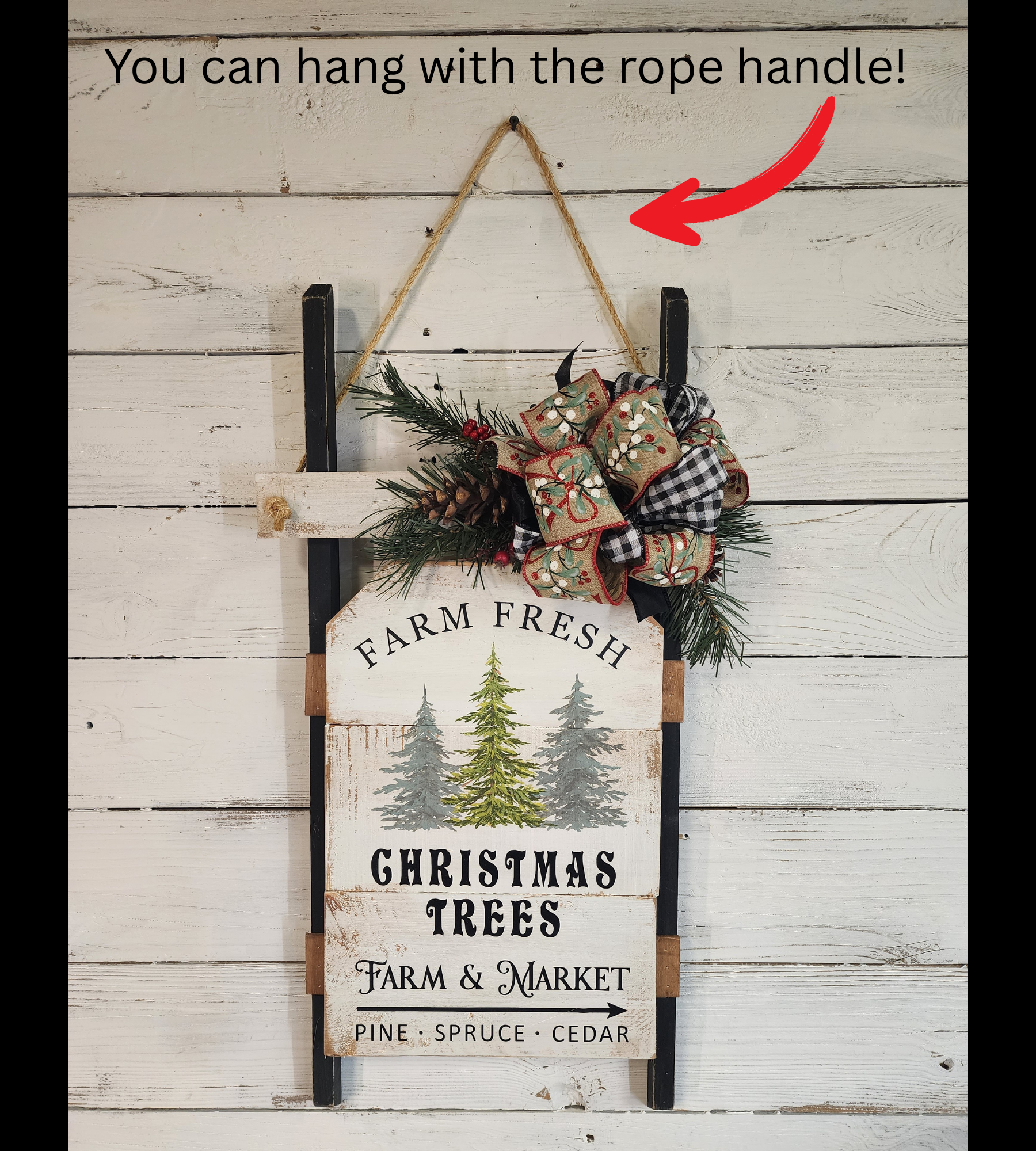 Christmas handmade vintage sled with black accents, Holiday porch decor, recycled wood hand painted pine Christmas trees, Farm fresh trees for sale sign (Copy)