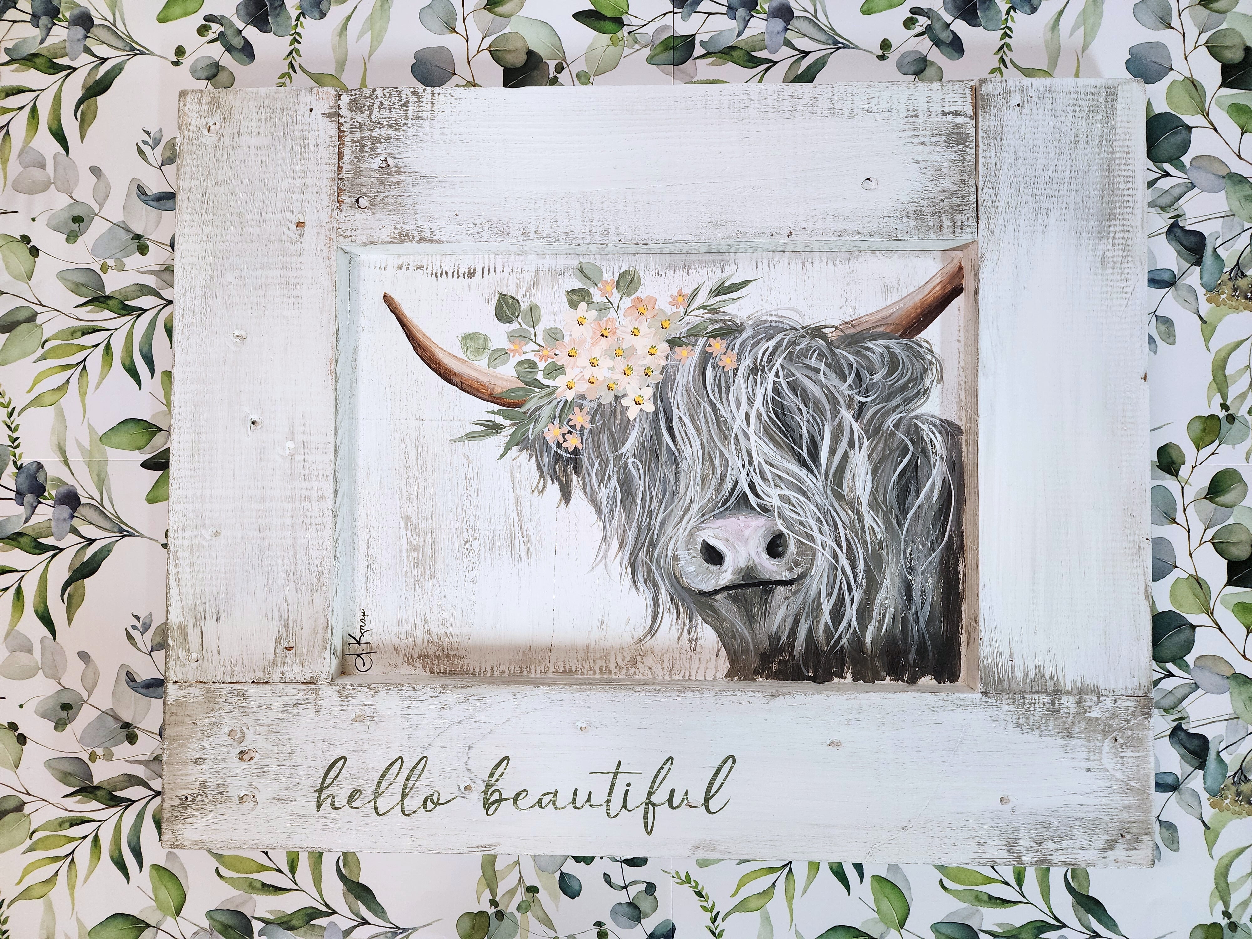 Highland cow with flower crown, Grey nursery decor hand painted on rustic recycled pallet wood, hello beautiful, peach cream flowers