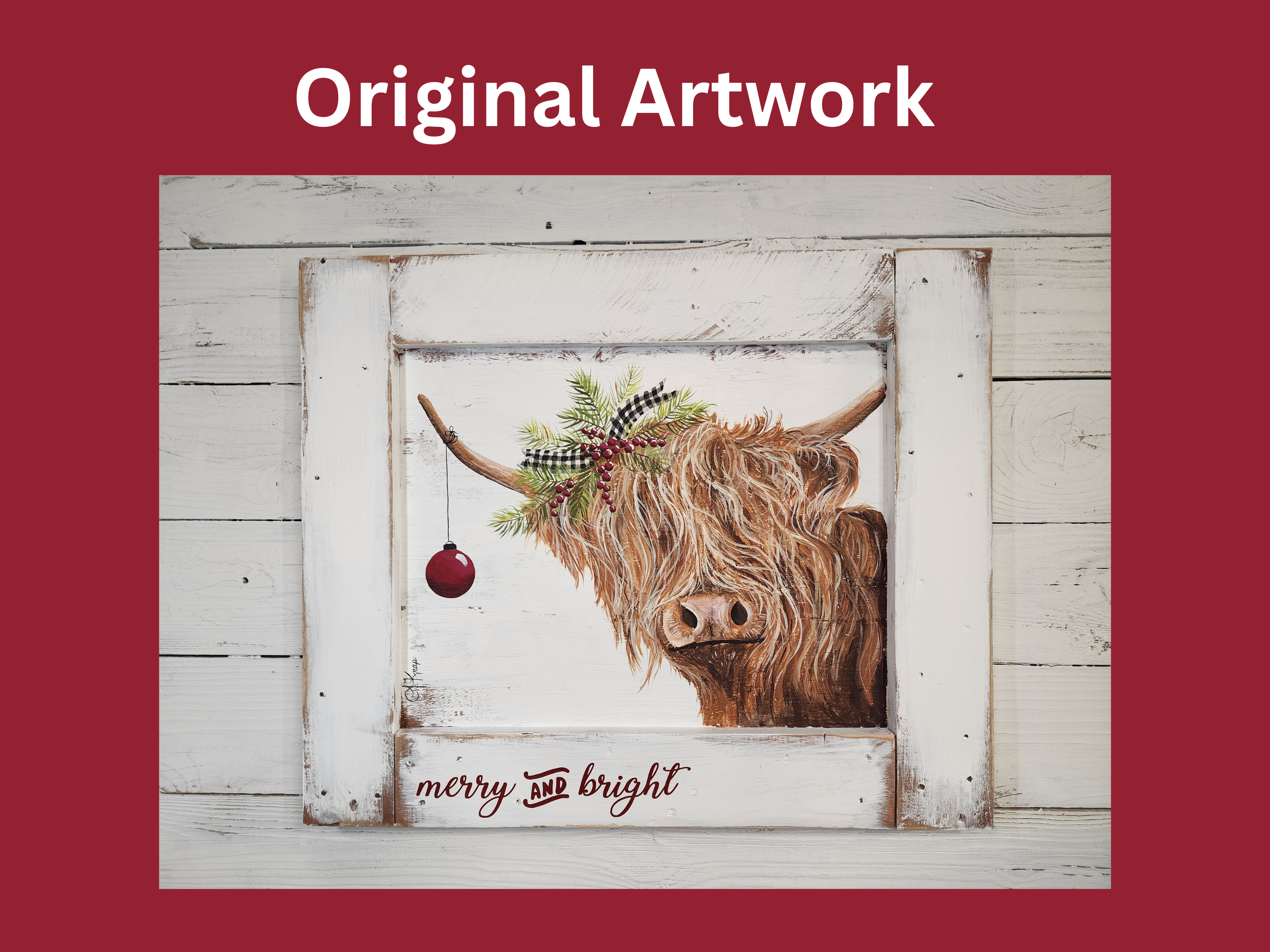 Christmas highland cow stickers, Vinyl artwork sticker sheet, Laptop sticker, Holiday card seal, Merry & Bright gray buffalo plaid