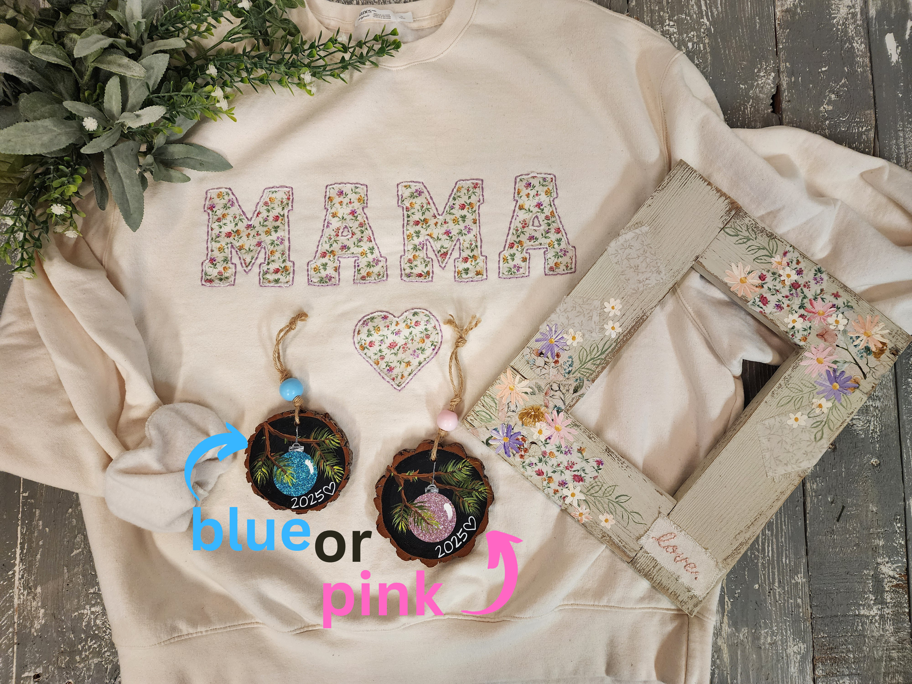 Mama Christmas gift set, cozy hand made embroidery sweatshirt, junk journal recycled wood frame, wood slice baby first Christmas ornament