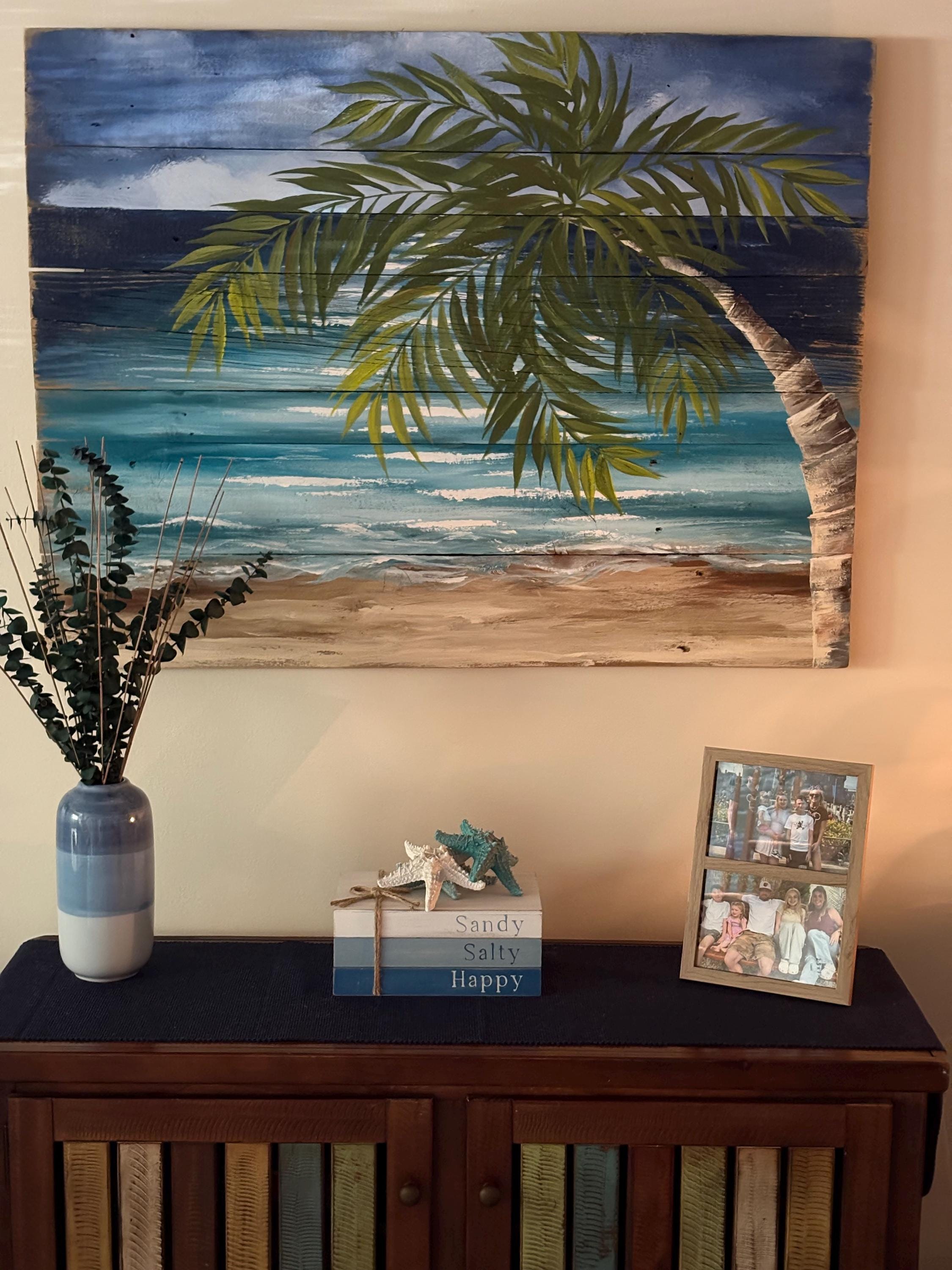 Hand Painted Beach Pallet Art, Palmtree painting,  Cottage Decor, Tropical Seascape