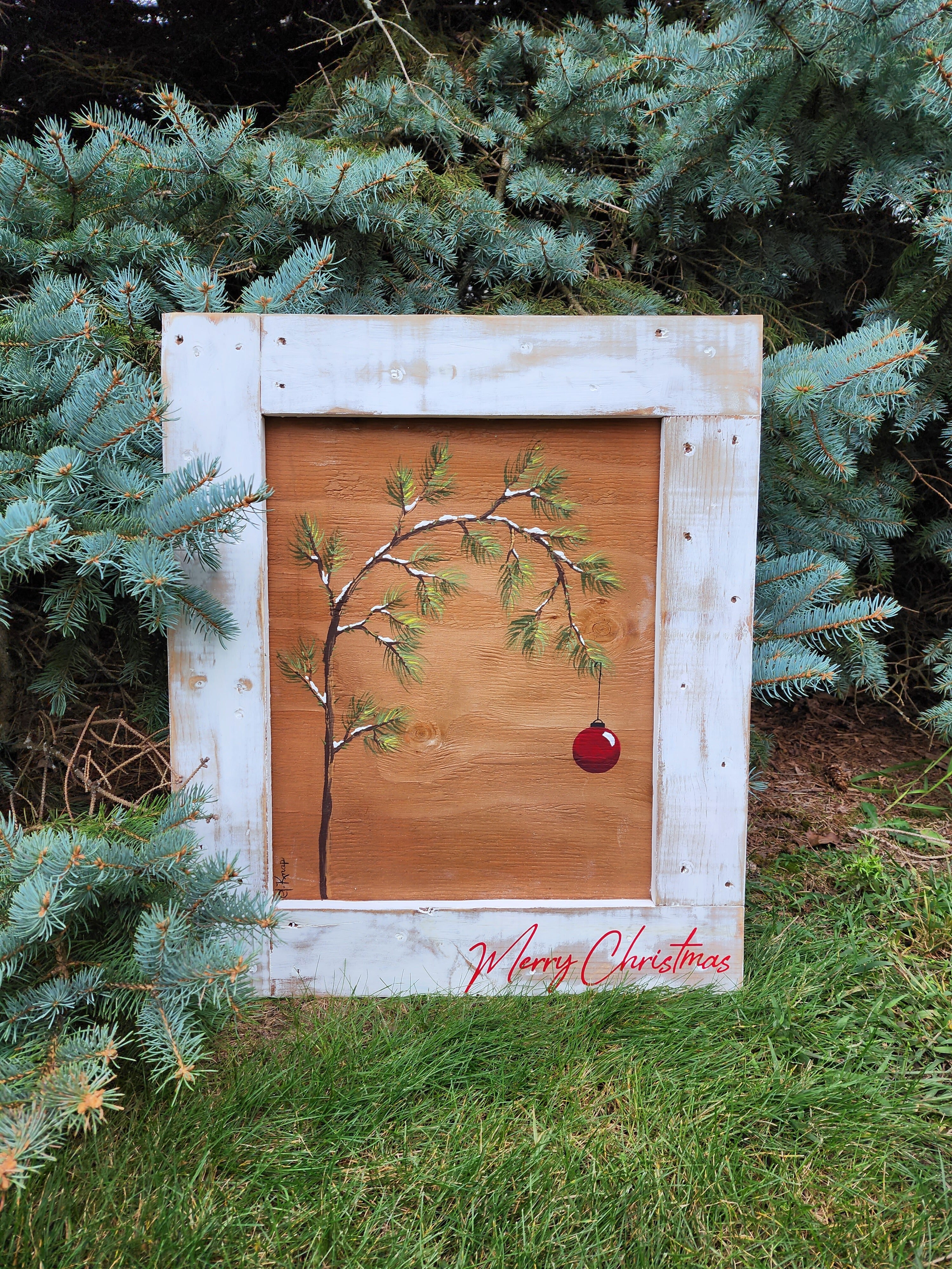 Hand painted Charlie Brown Christmas tree on recycled pallet wood, Red Merry Christmas word sign, classic red Christmas bulb, Aged white, frame