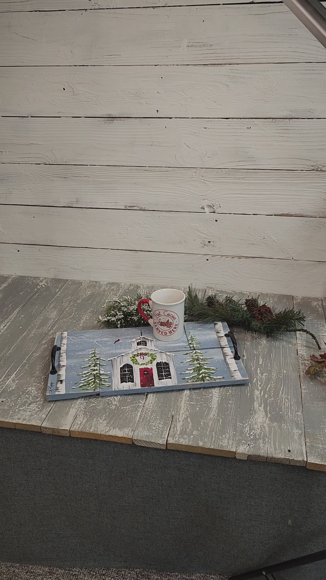 Decorative Christmas serving tray, snowy holiday church with Christmas trees and white birch, Christmas cardinal
