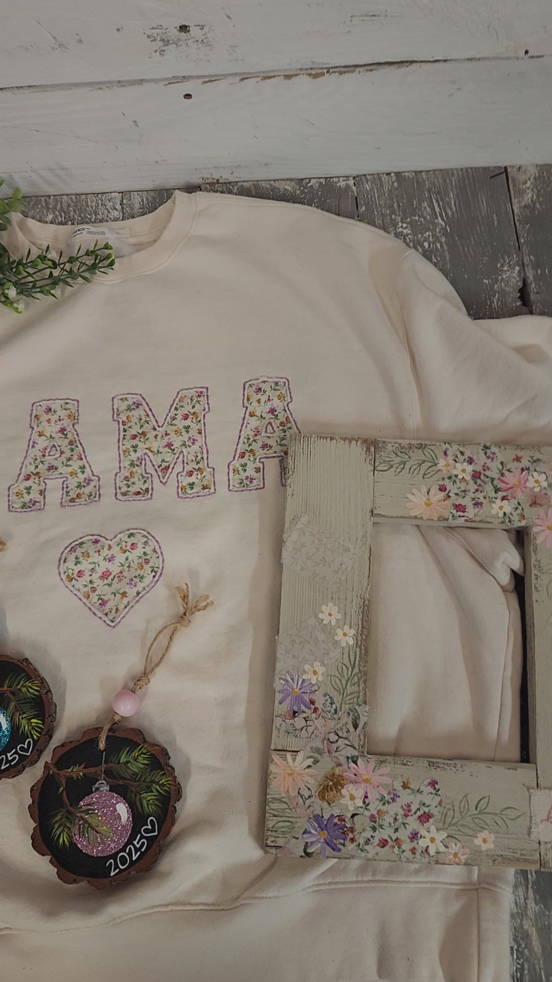 Mama Christmas gift set, cozy hand made embroidery sweatshirt, junk journal recycled wood frame, wood slice baby first Christmas ornament