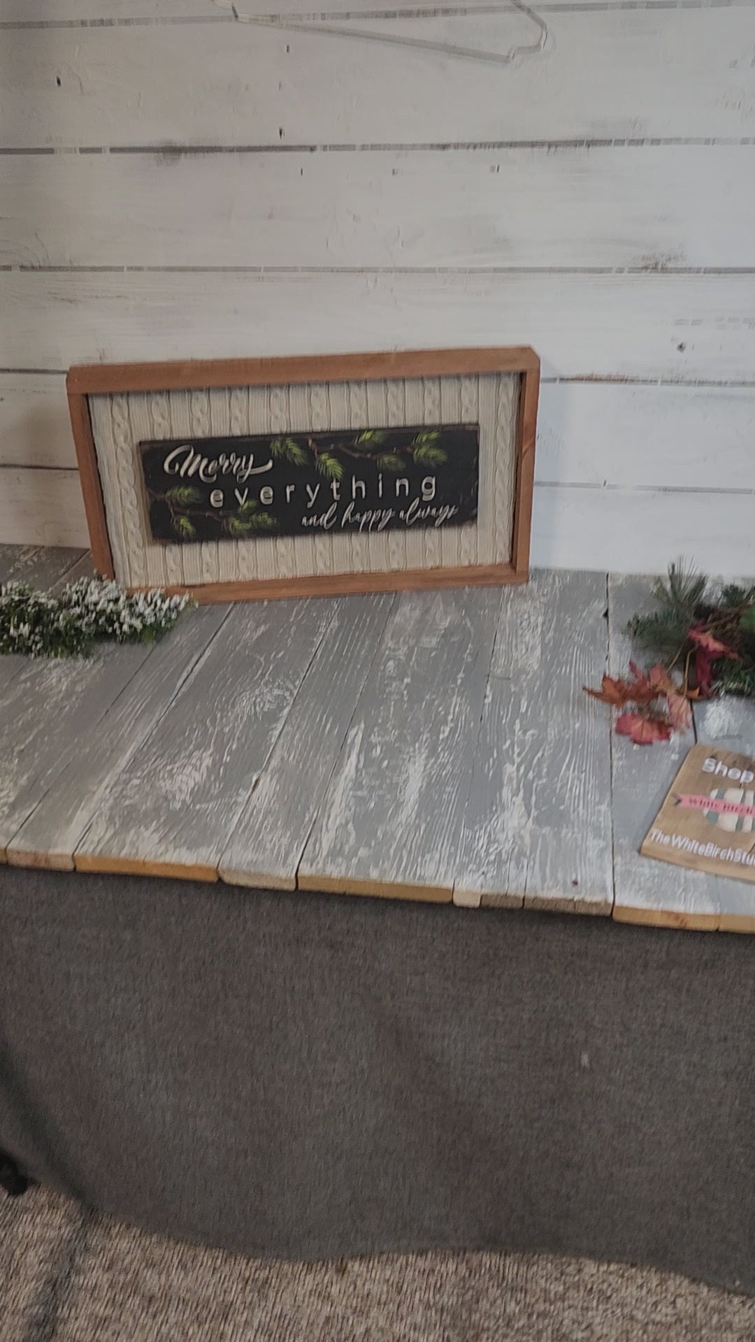 Cozy Christmas gift, handmade flannel embroidery XL crew, Merry Everything hand painted pallet wood art sign on recycled sweater material