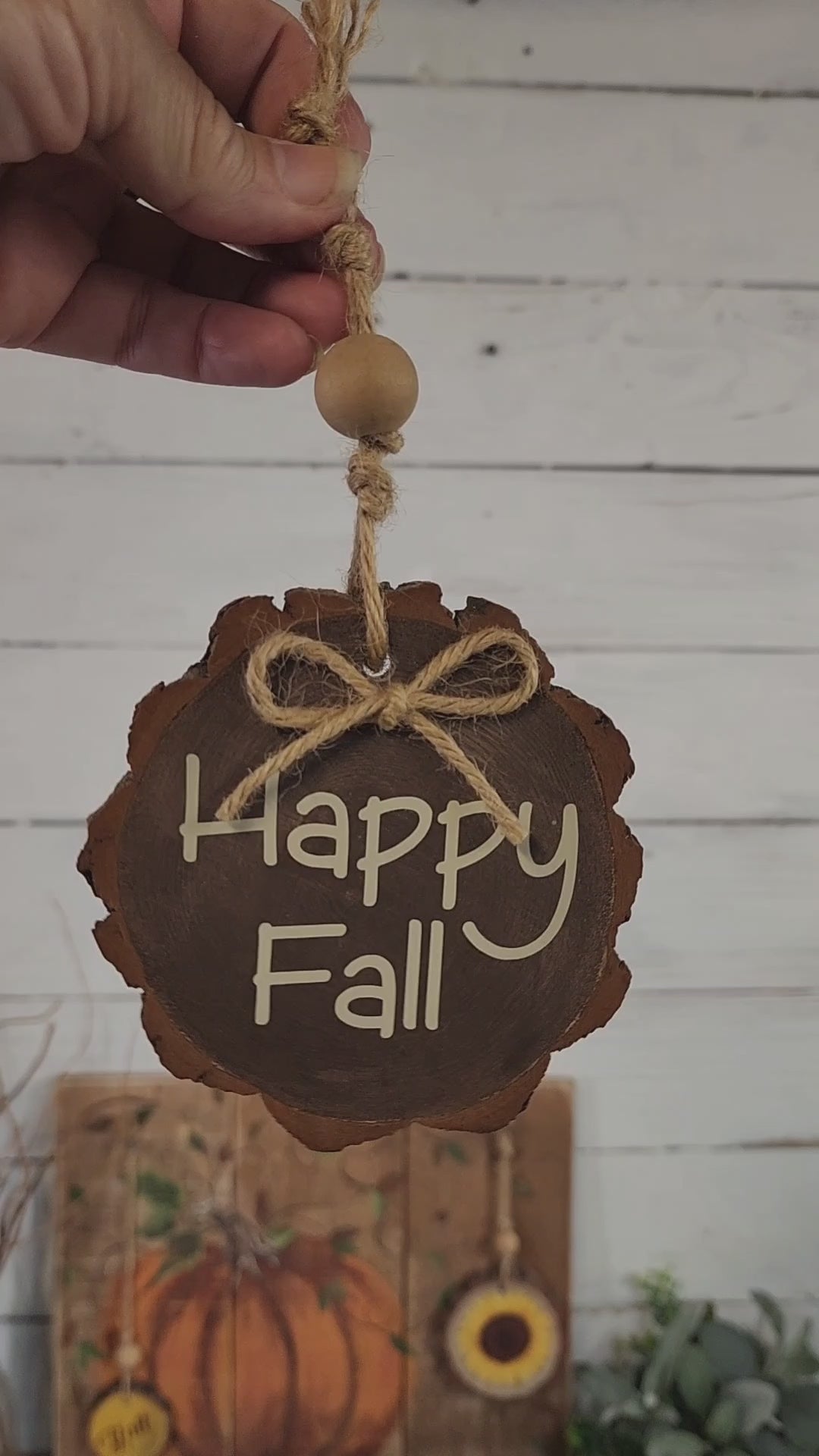 Autumn hand painted pumpkin with wood slice ornaments, Happy Fall y'all and acrylic painted sunflower, wall art from pallet recycled wood
