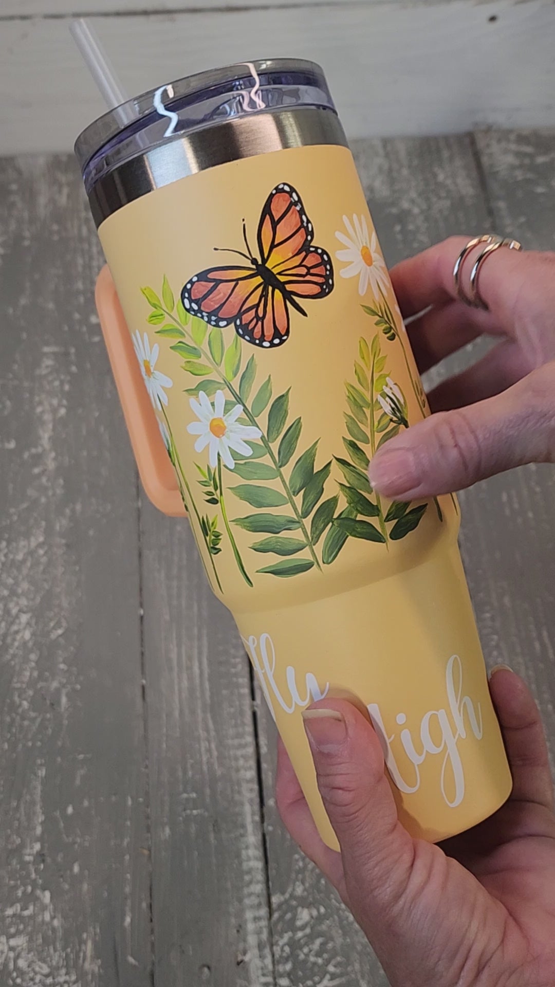 Tan neutral 40oz tumbler with handle,Women's Christmas Gift, Stanley Dupe with hand painted flowers, "Romantic", one of a kind floral design, water bottle