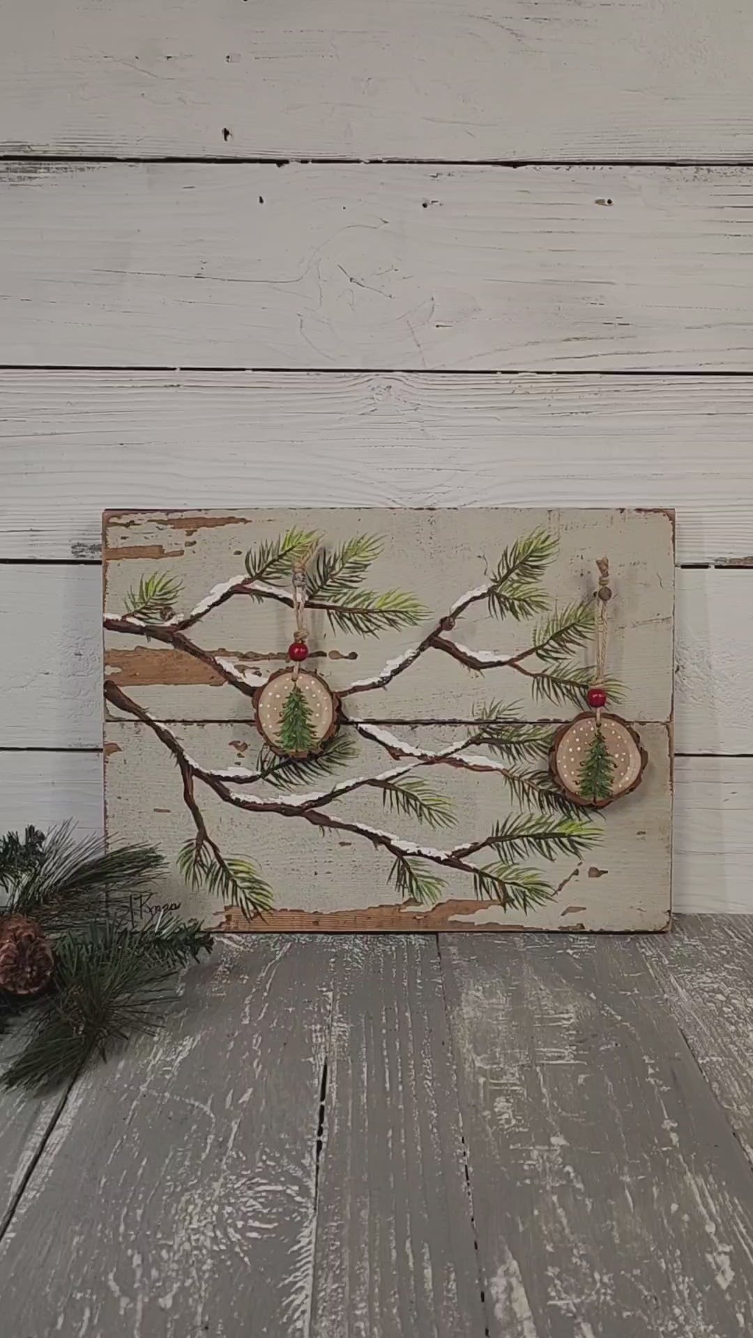 Christmas handmade wood slice ornaments, Merry, Red bulb, recycled holiday artwork, hand painted Christmas tree with ornaments