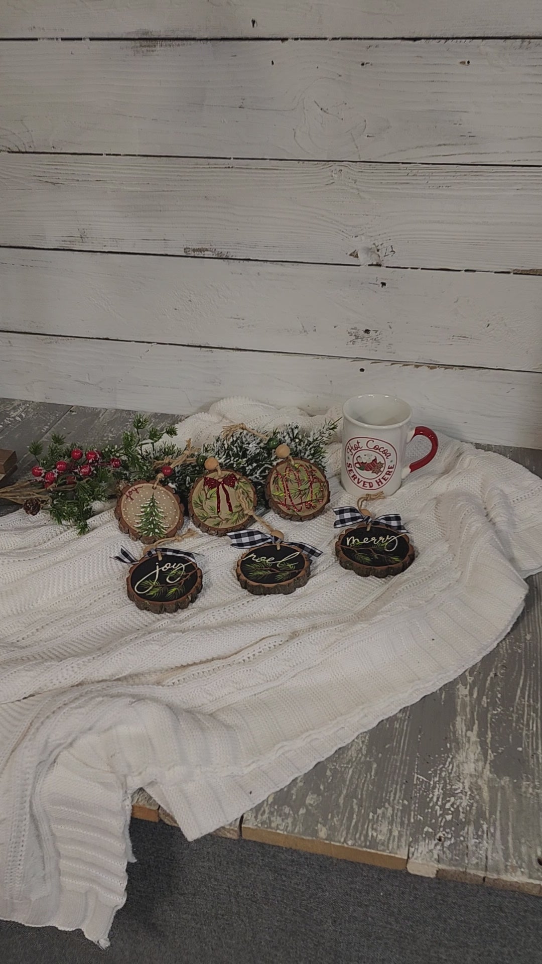 Christmas 2025 Wood Slice Ornament: natural hand painted pine branches Holiday Decor, Personalized custom Christmas tree decorations