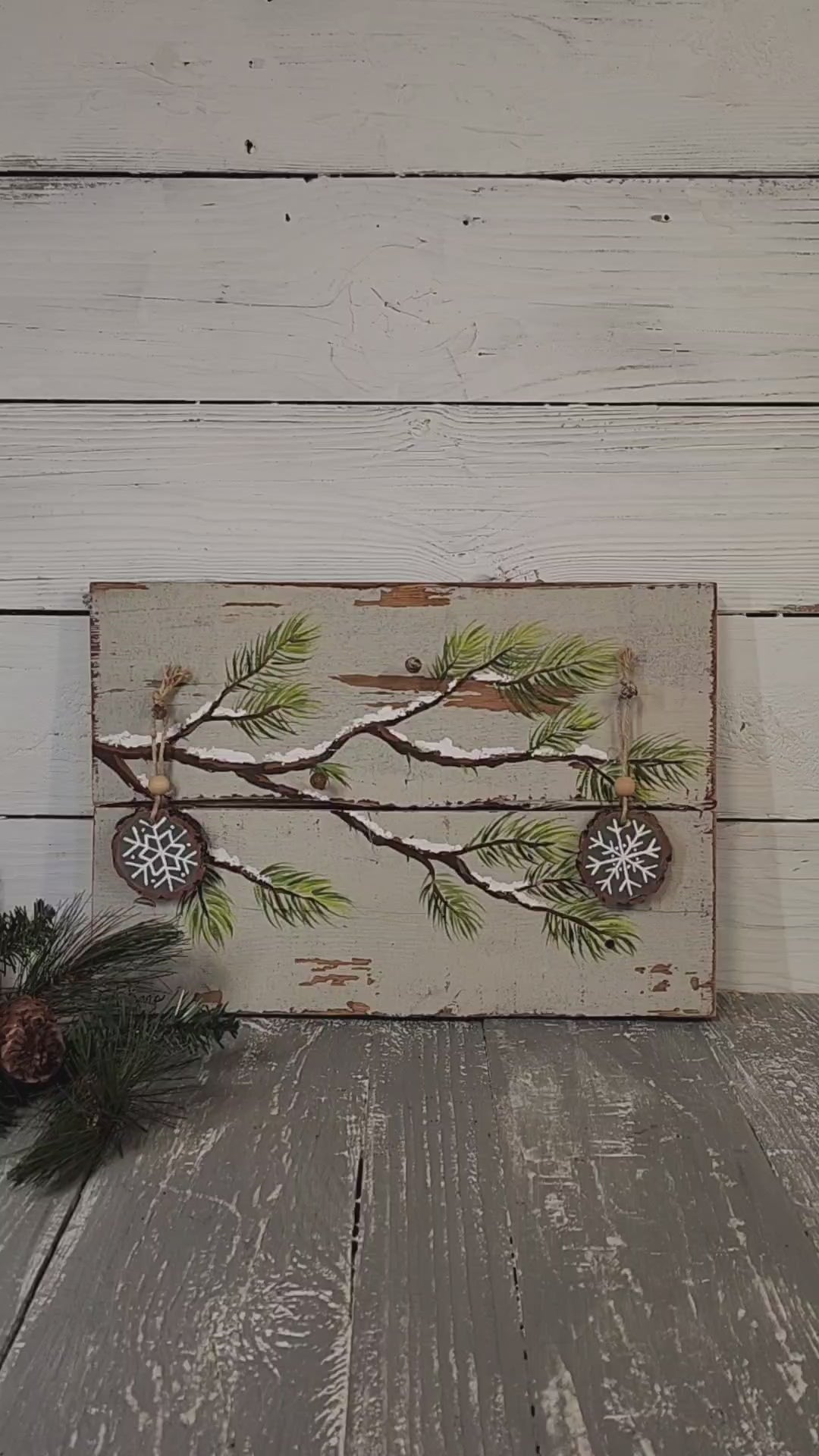 Christmas handmade wood slice ornaments, let it snow, recycled holiday artwork, snow covered pine Christmas tree branch, gray decor