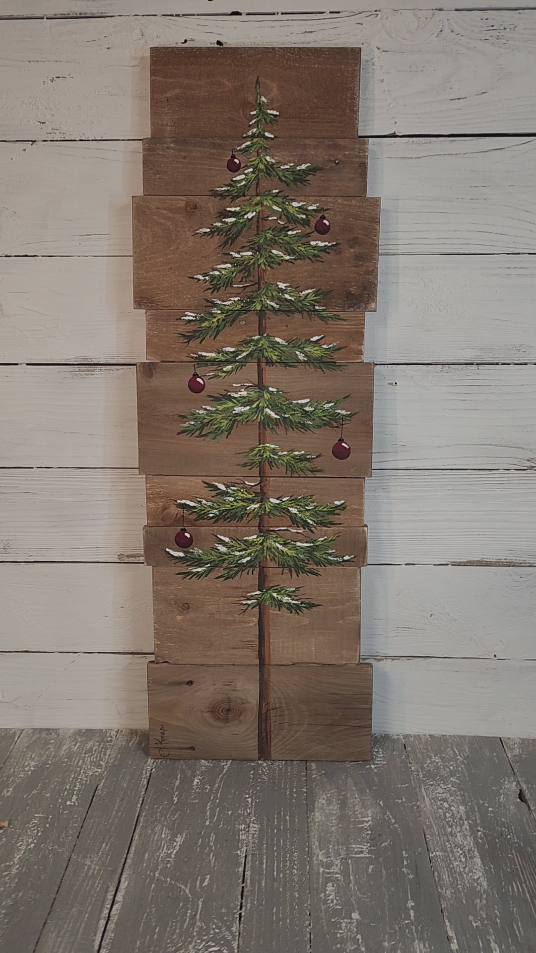 Christmas tree with snow sign on natural recycled wood, farmhouse decor, red bulbs, pallet porch welcome holiday sign