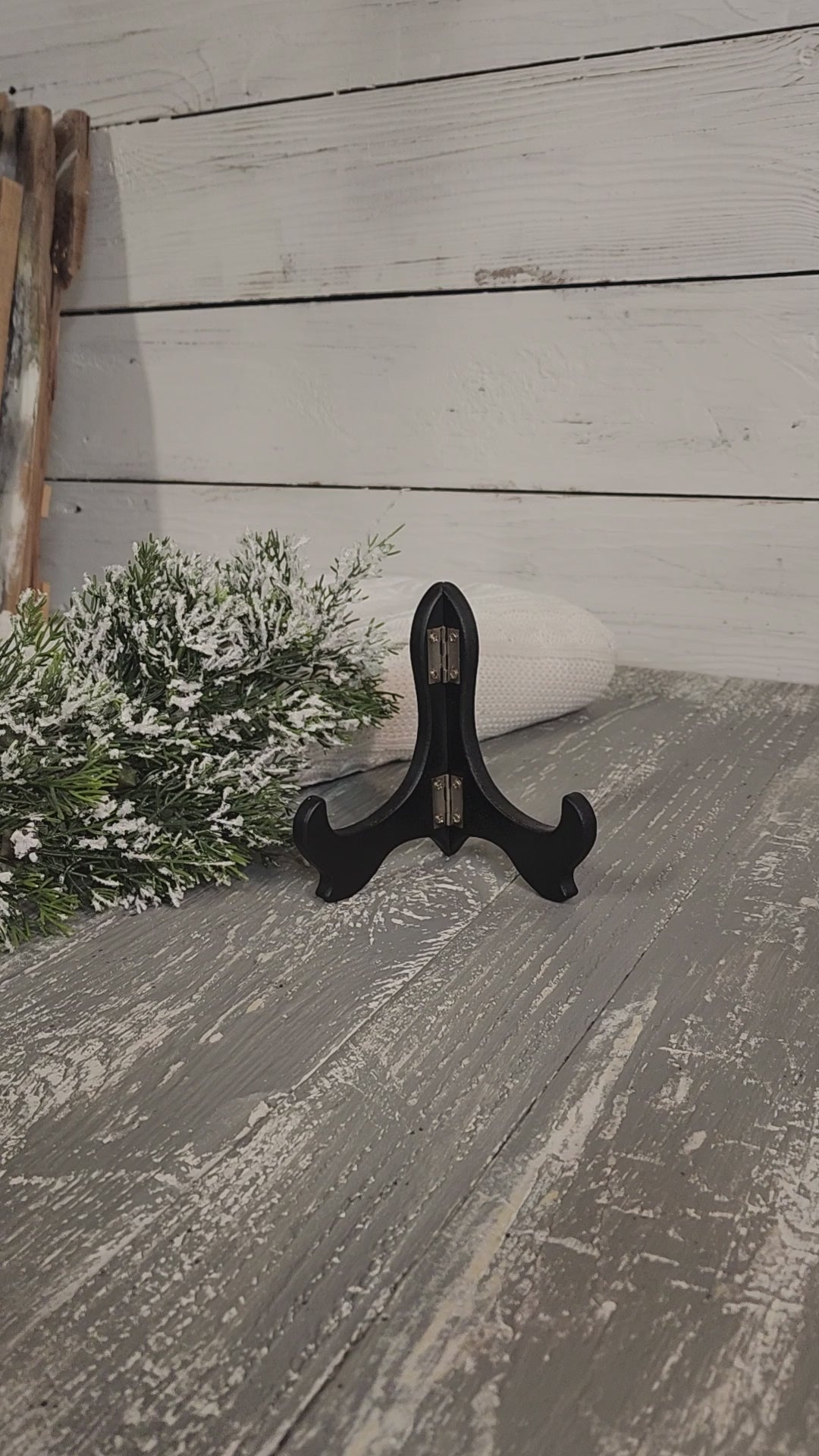 Large Hand Painted Christmas snowy mountain artwork on hand cut wood slice, snow-covered pine tree, includes black frame stand