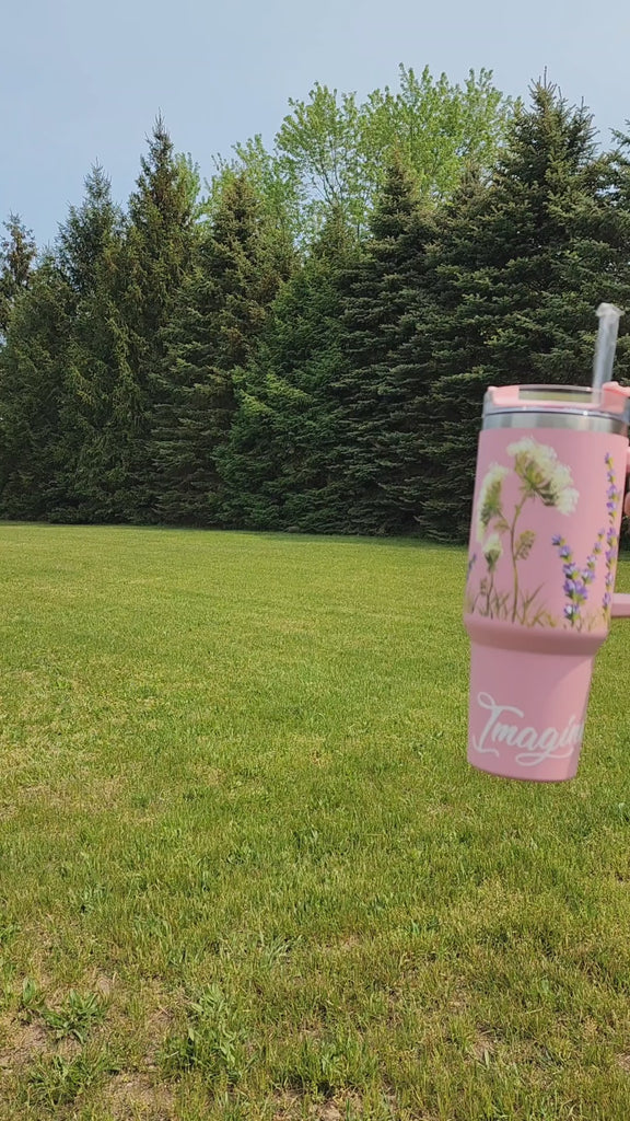 Tan neutral 40oz tumbler with handle,Women's Christmas Gift, Stanley Dupe  with hand painted flowers, Romantic, one of a kind floral design, water