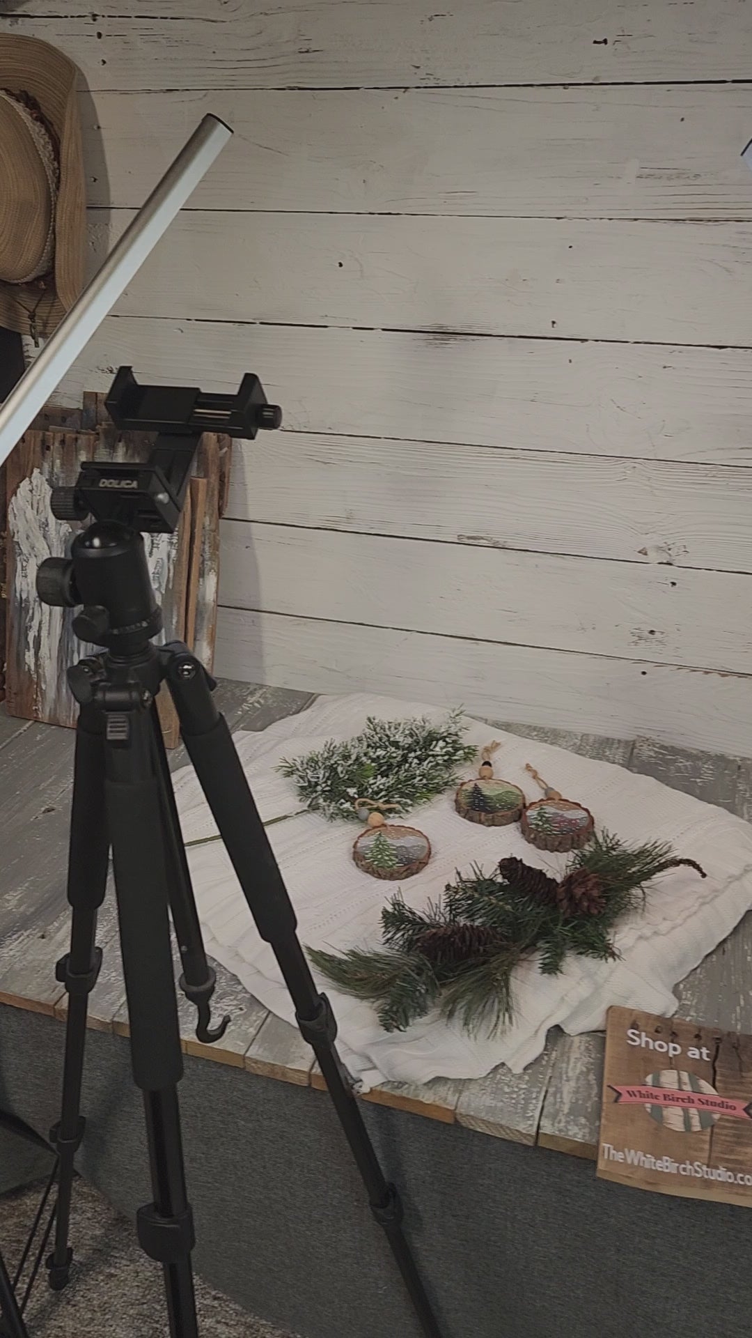 Hand-Painted Mountain Wood Slice Ornament • Rustic gray mountains • Snowy Pine - Nature Christmas Decor • Handmade Holiday Gift