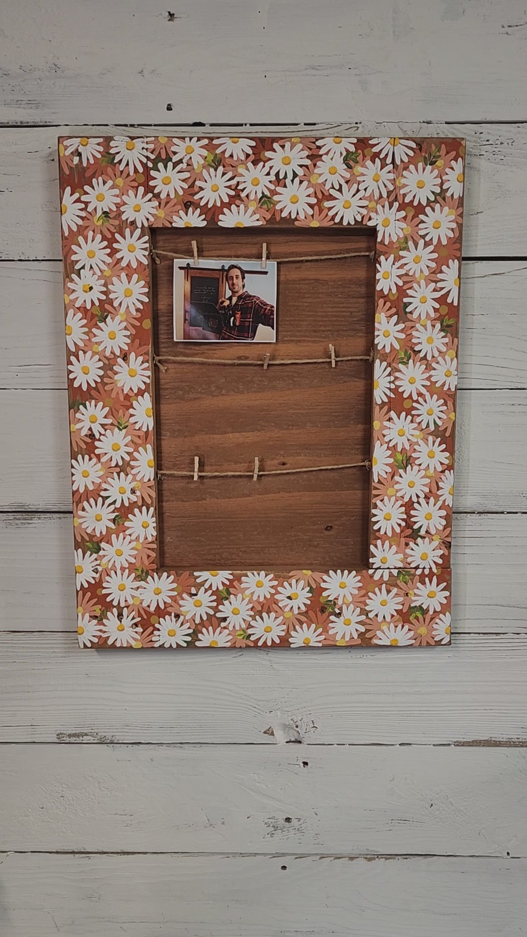 Peach Daisy Handpainted Acrylic floral frame, orange summer decor, pallet wood, photo display, picture clips, cottage deck porch artwork