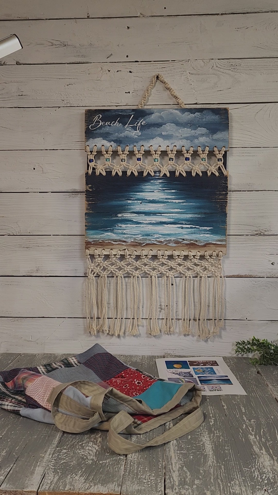Beach lover Christmas gift set for her, acrylic beach painting on recycled pallet wood, boho macrame, recycled beach bag made from quilt