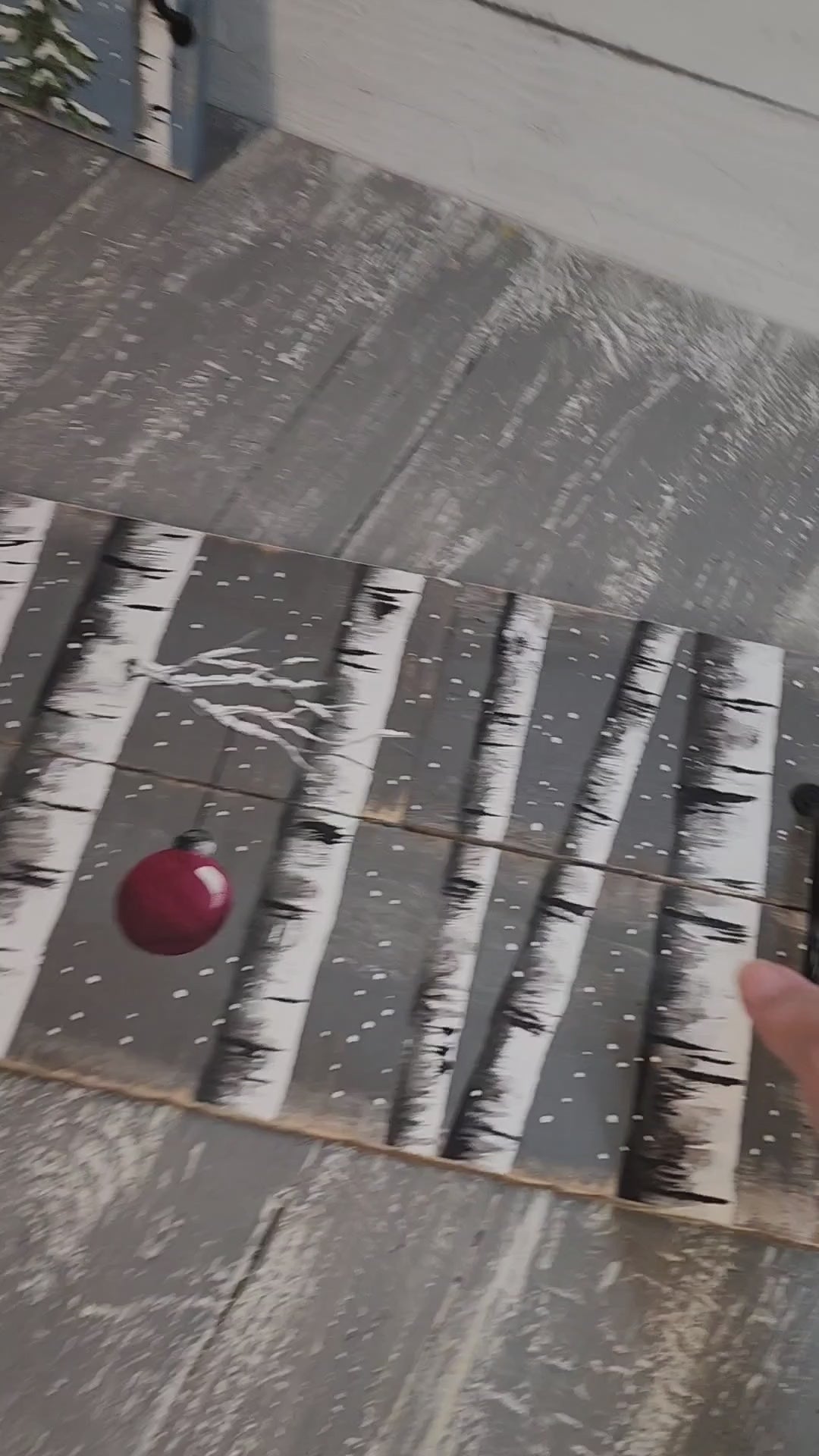 Christmas decorative serving tray, snowy holiday white birch with red Christmas bulb and snowy tree, black handles