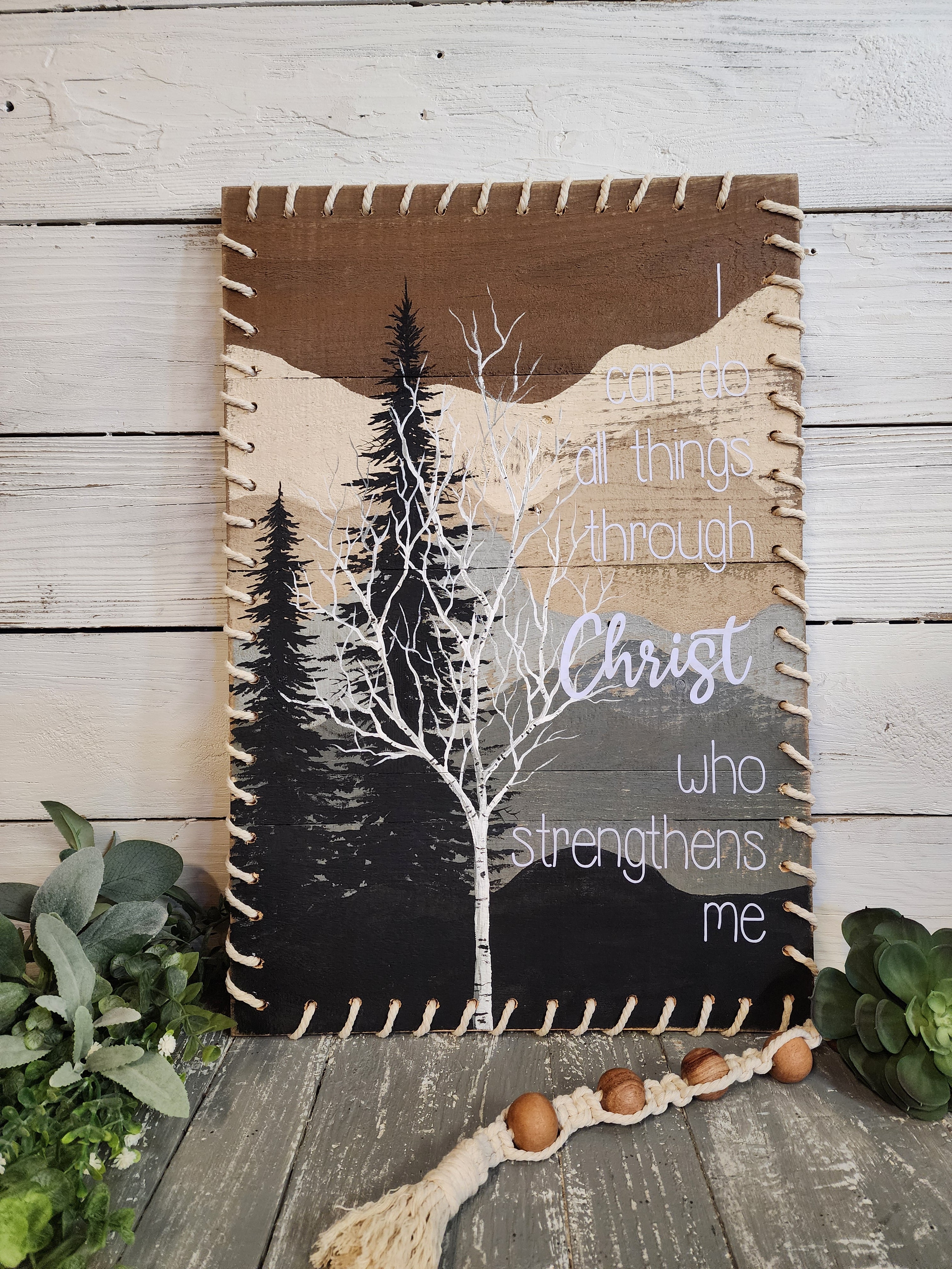 Mountain adventure painting, hand painted white birch and pine trees, I can do all things verse, BOHO macrame