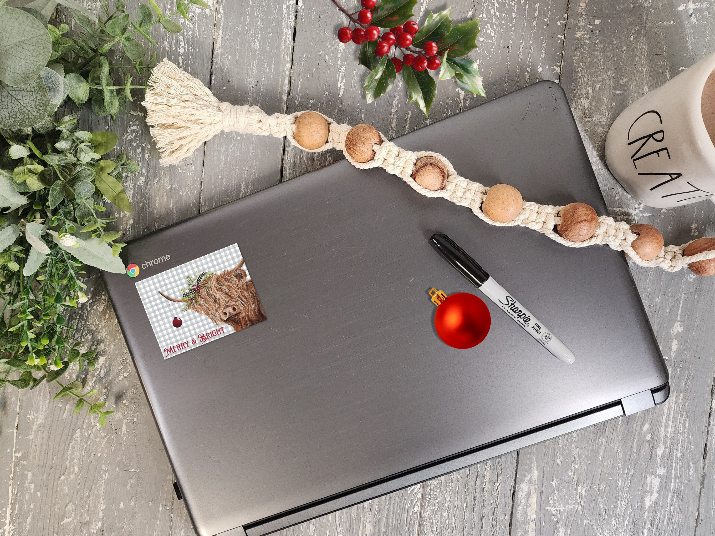 Christmas highland cow stickers, Vinyl artwork sticker sheet, Laptop sticker, Holiday card seal, Merry & Bright gray buffalo plaid