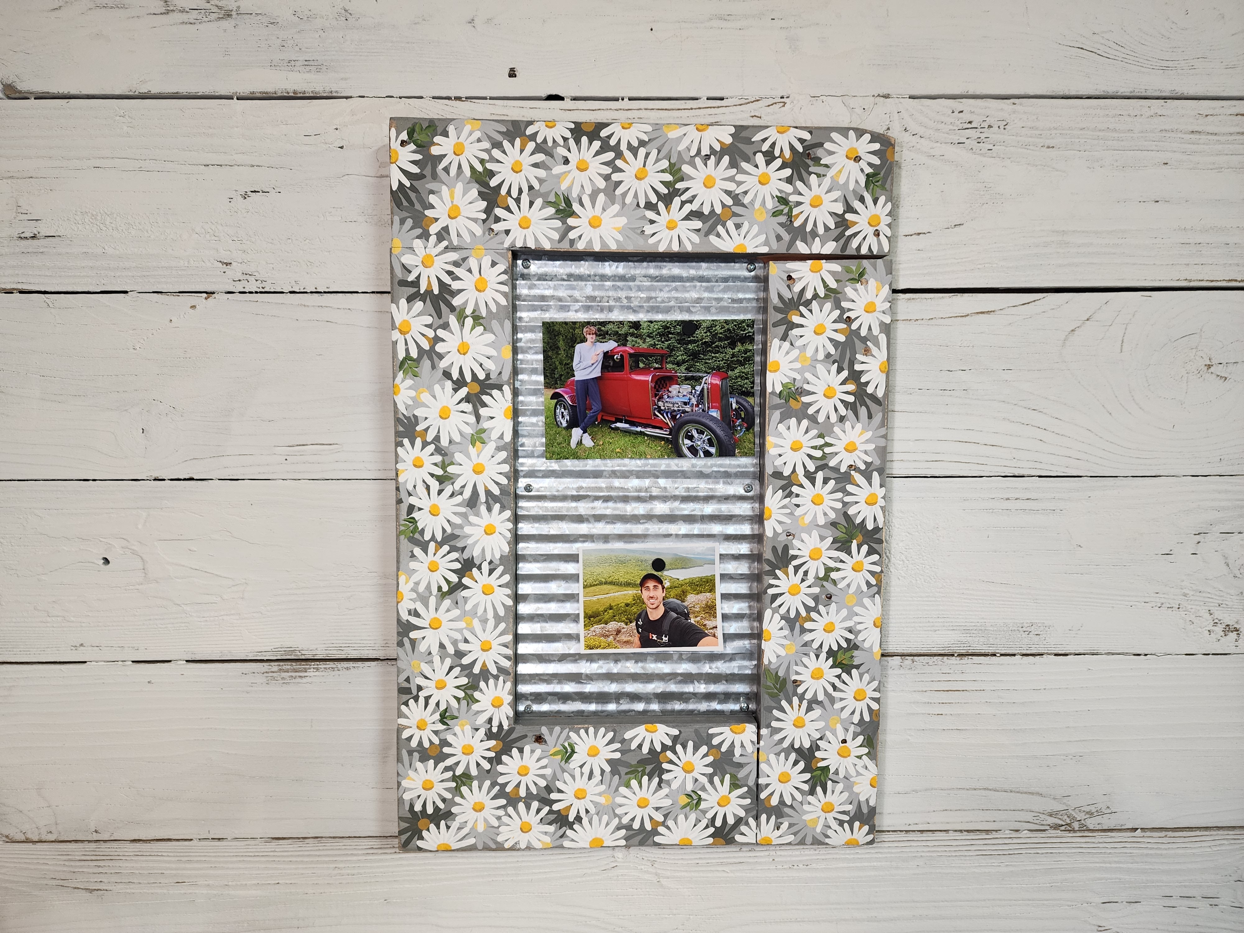 Grey Daisy Handpainted Acrylic floral frame, grey farmhouse summer decor, pallet wood, photo display, corrugated steel for magnet photos
