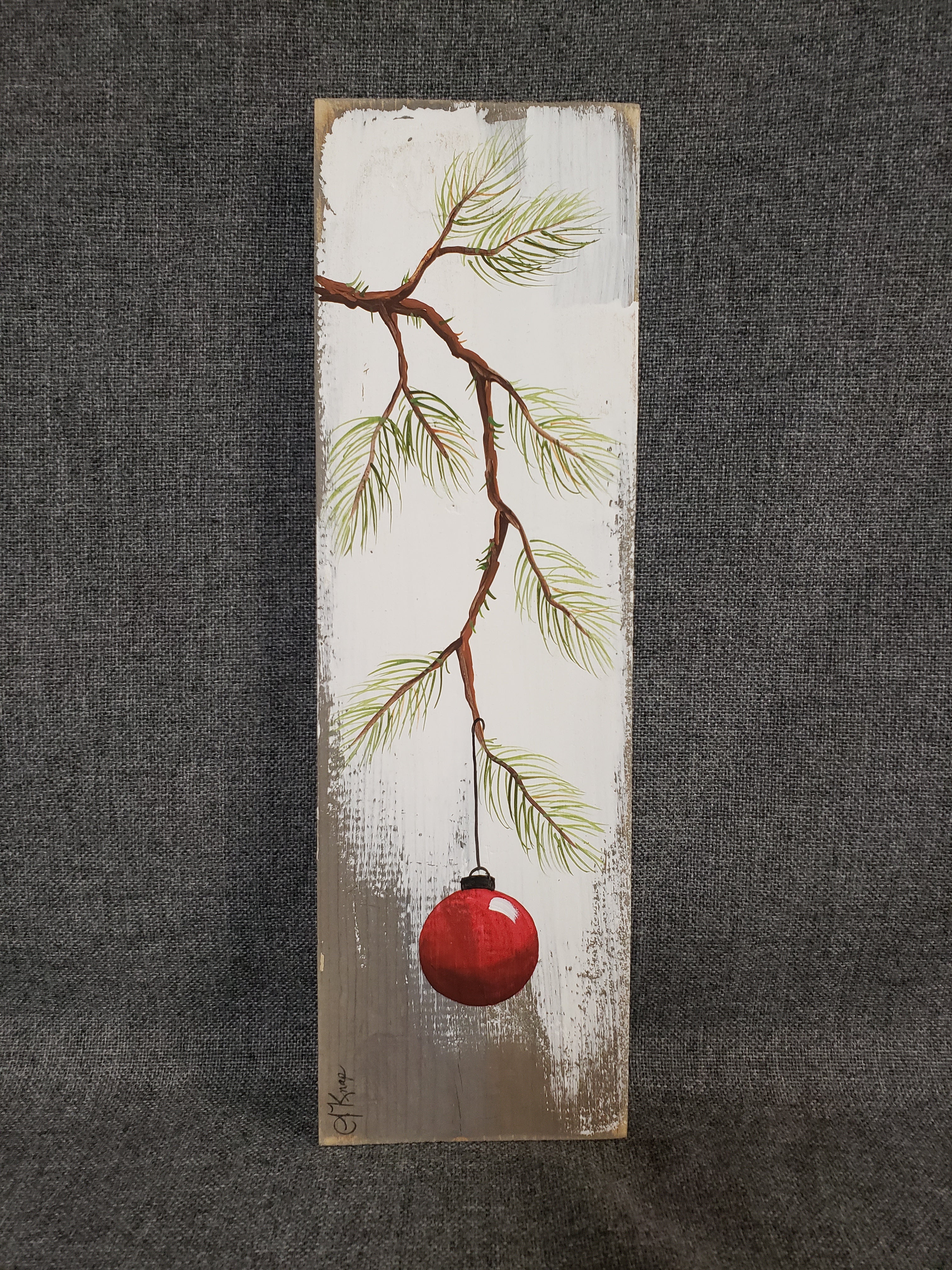 Red Christmas decoration on gray , Hand painted Pine Branch with RED Bulb, Farmhouse white washed gray decor