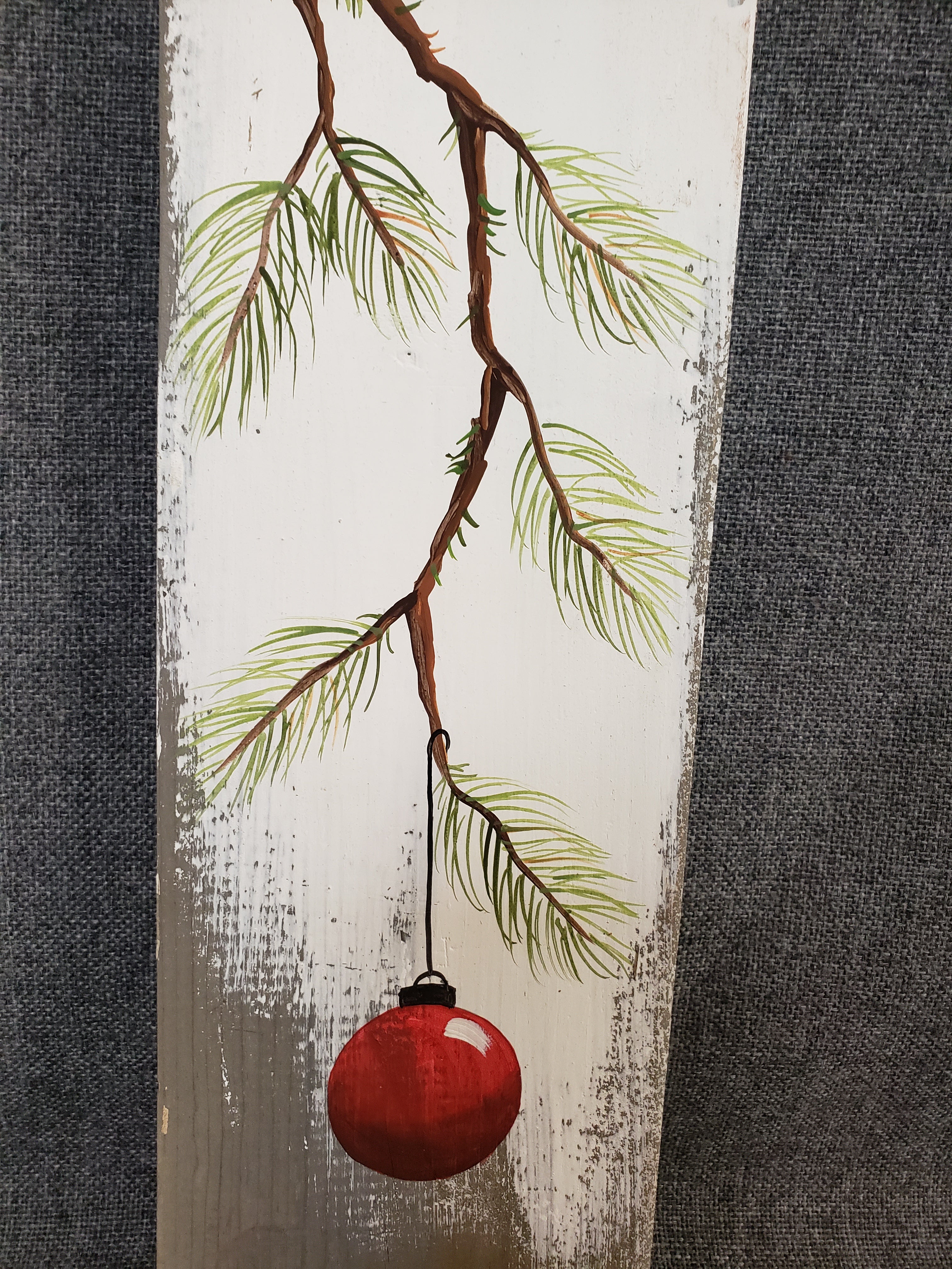Red Christmas decoration on gray , Hand painted Pine Branch with RED Bulb, Farmhouse white washed gray decor