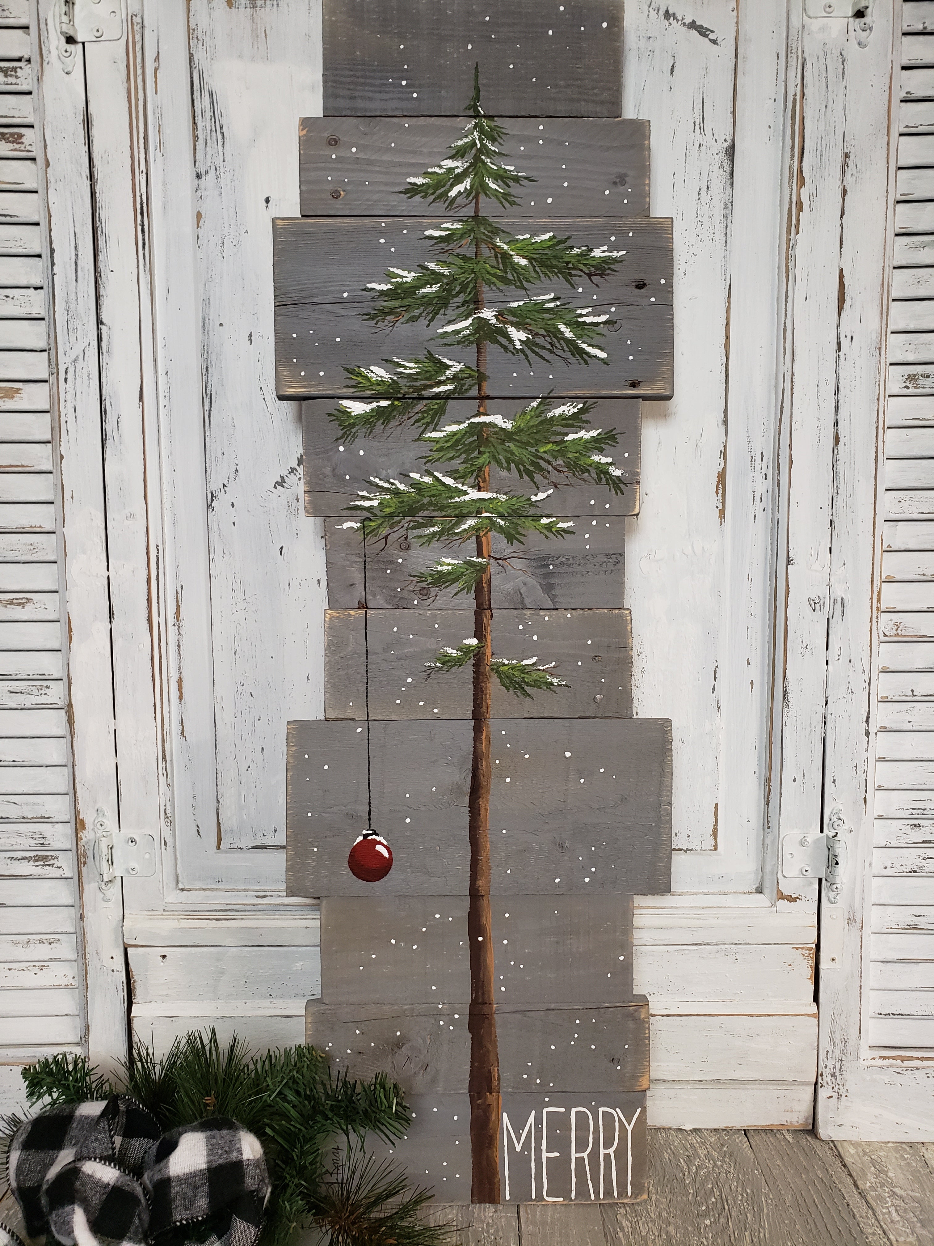 Snowy pine tree painted on pallet wood, Merry Christmas, Charlie Brown Farmhouse tree, hand painted Christmas tree