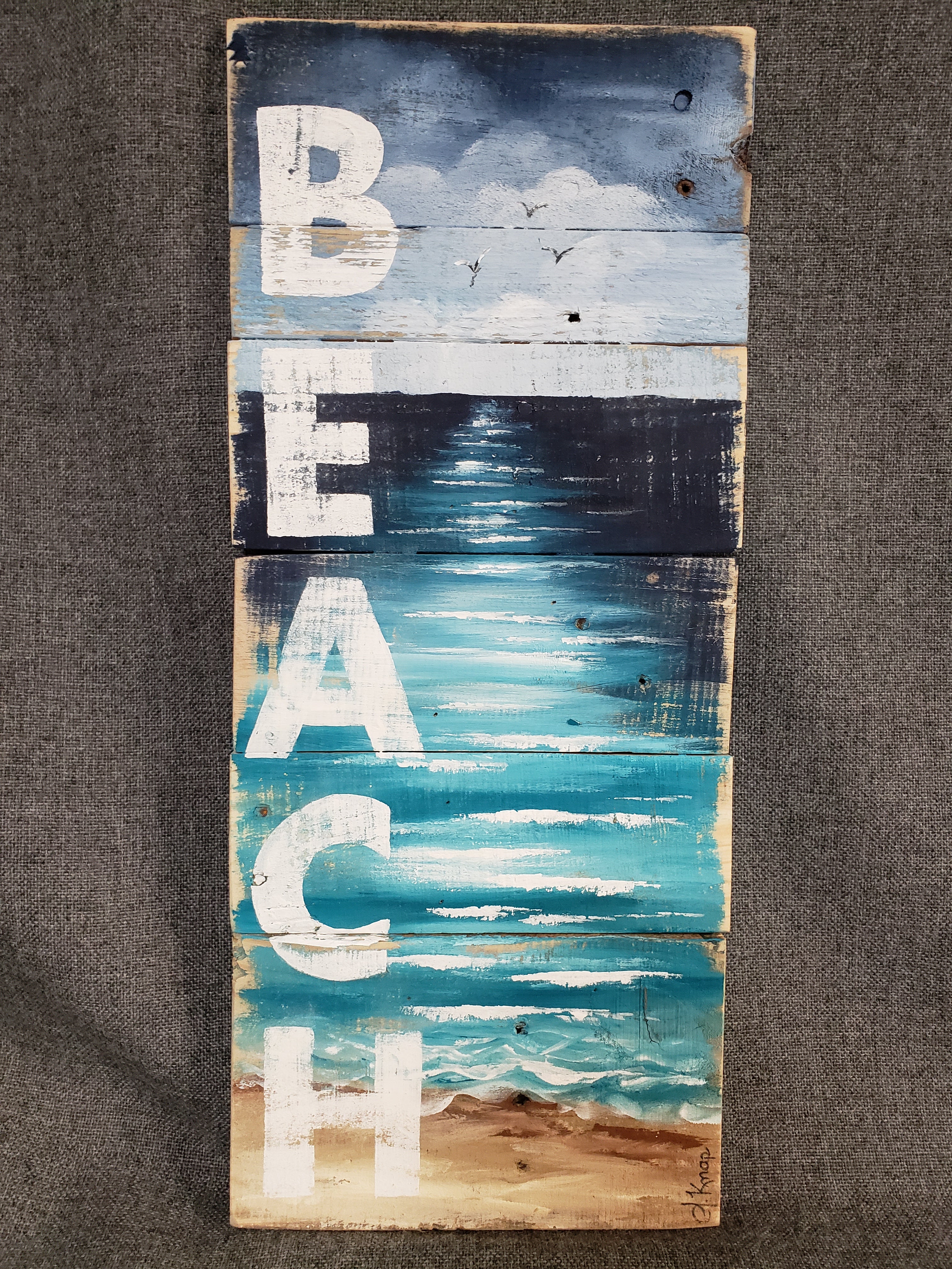 Rustic beach word sign, Hand painted seascape on reclaimed pallet wood, Cottage decor