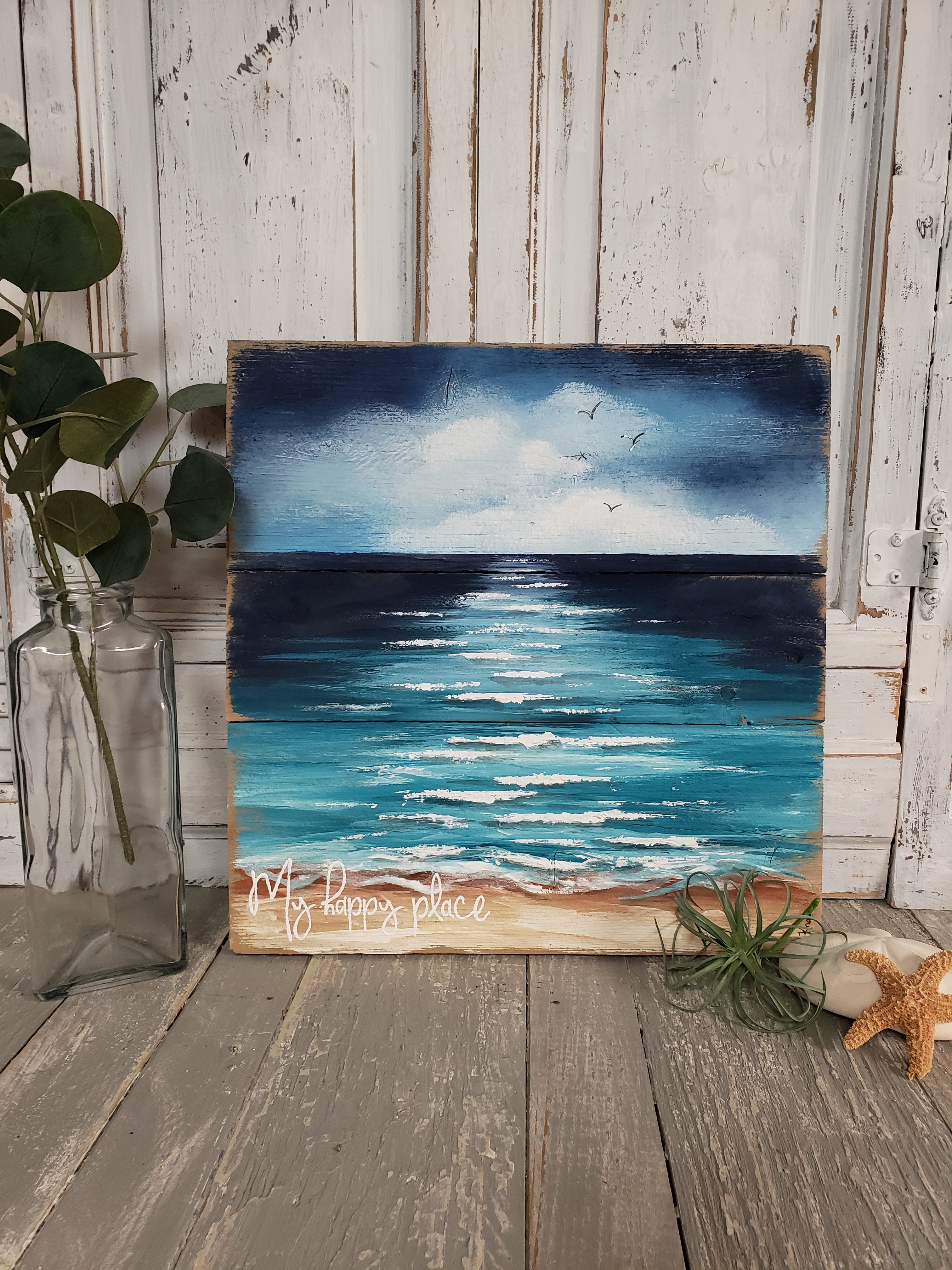 Hand painted beach pallet art, Reclaimed wood cottage decor, my happy place