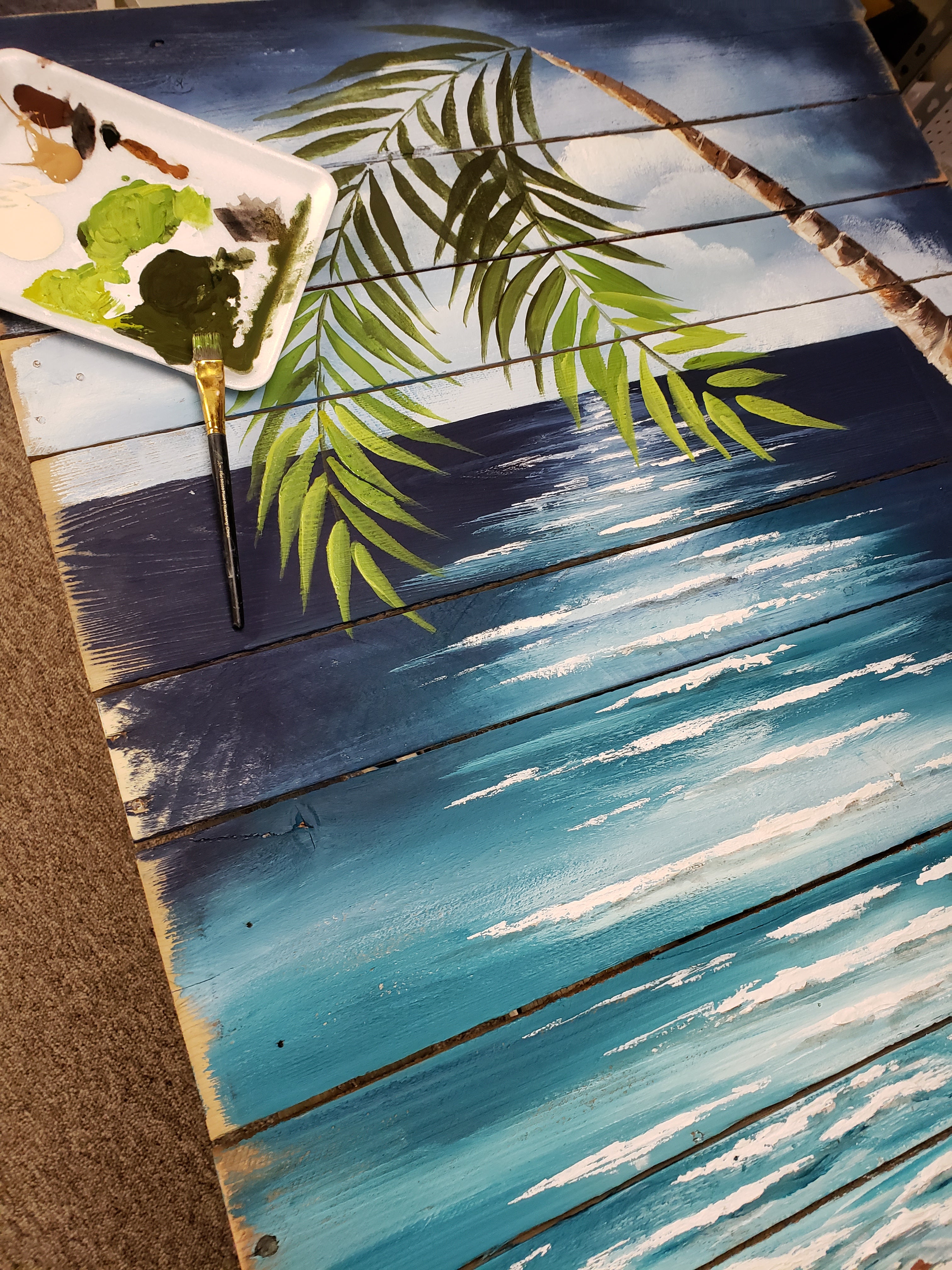 Hand Painted Beach Pallet Art, Palmtree painting,  Cottage Decor, Tropical Seascape