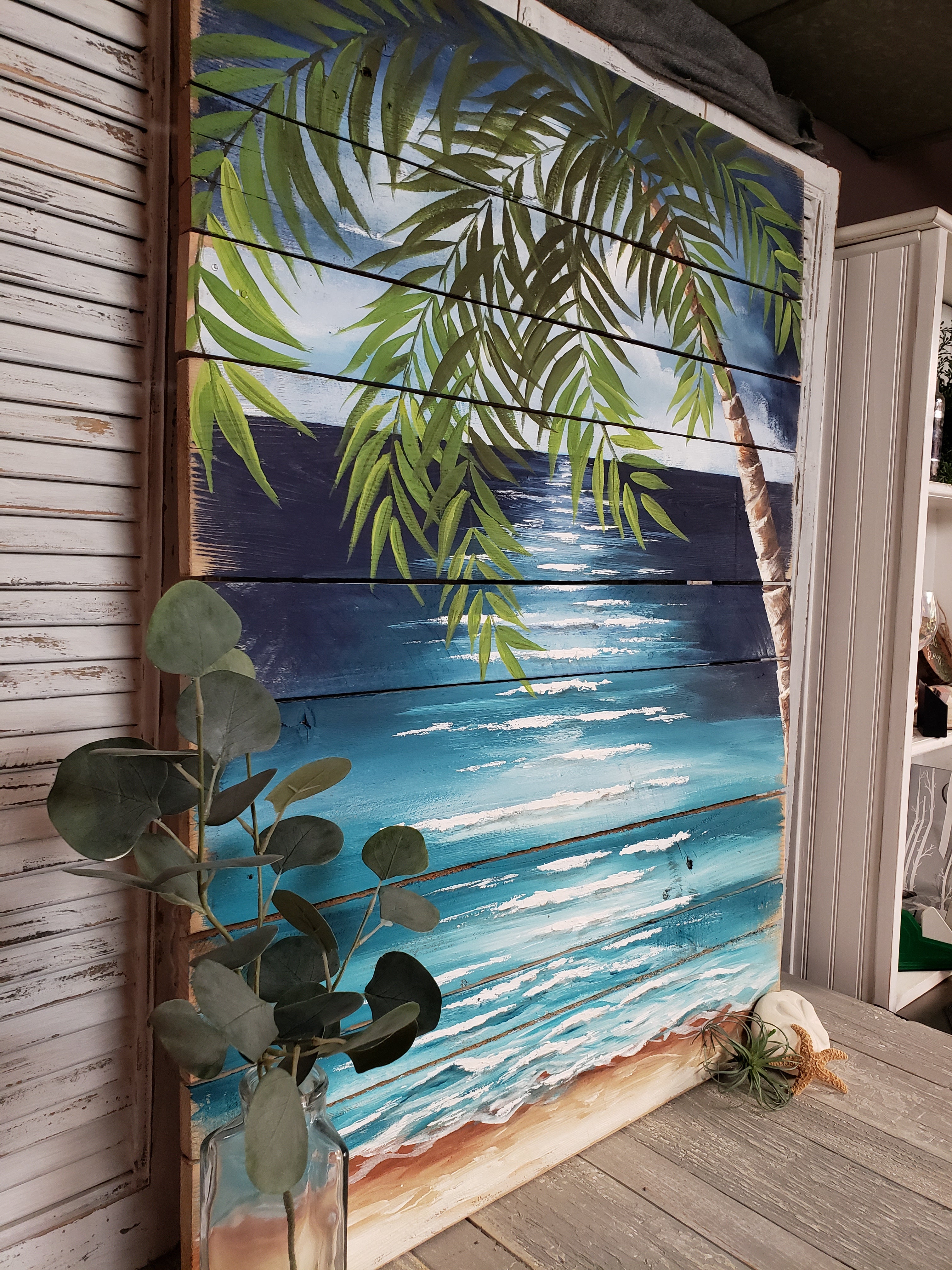 Hand Painted Beach Pallet Art, Palmtree painting,  Cottage Decor, Tropical Seascape