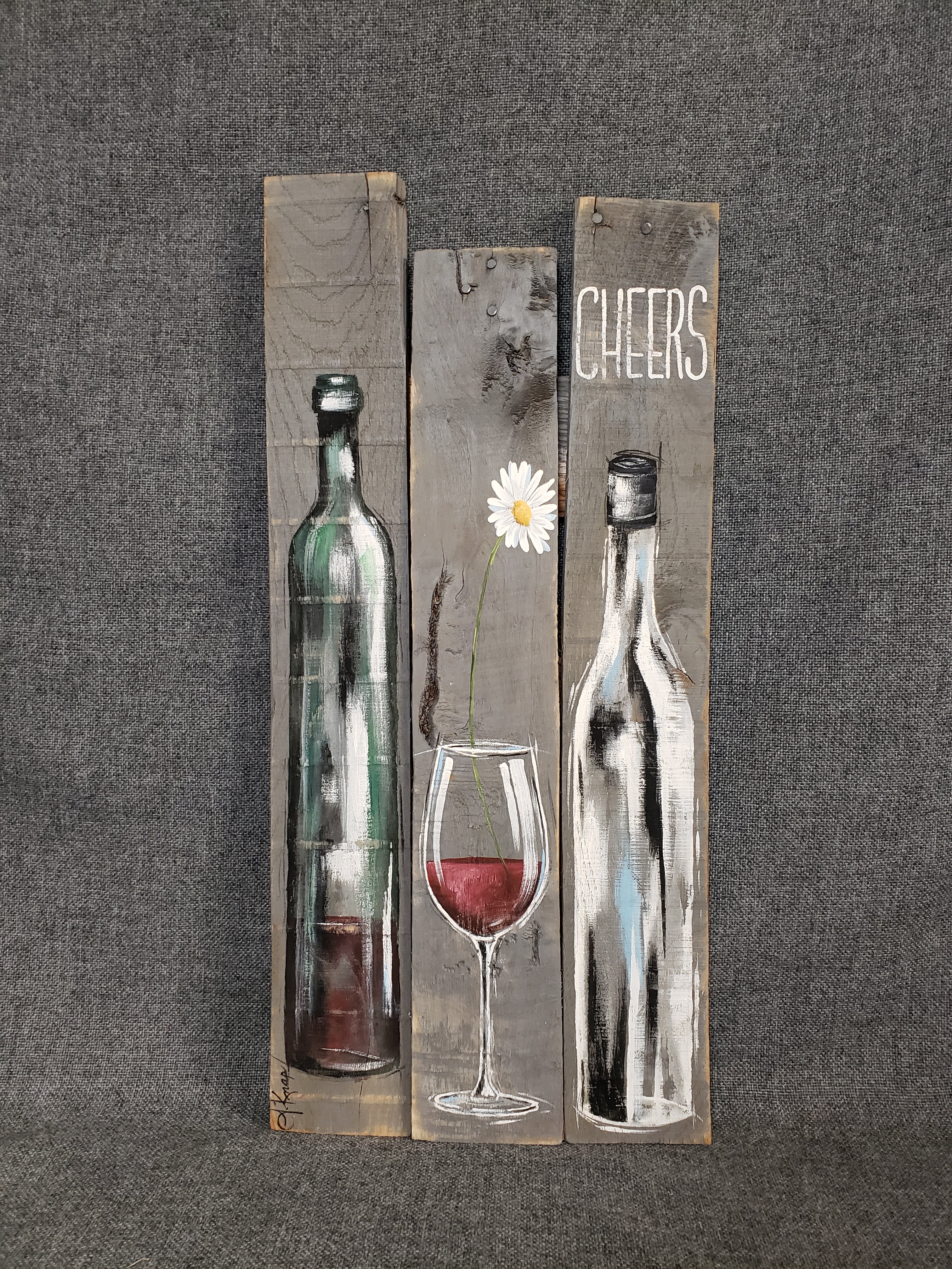 Wine bottle hand painted pallet art, wine lover gift, cheers word art, rustic farmhouse decor