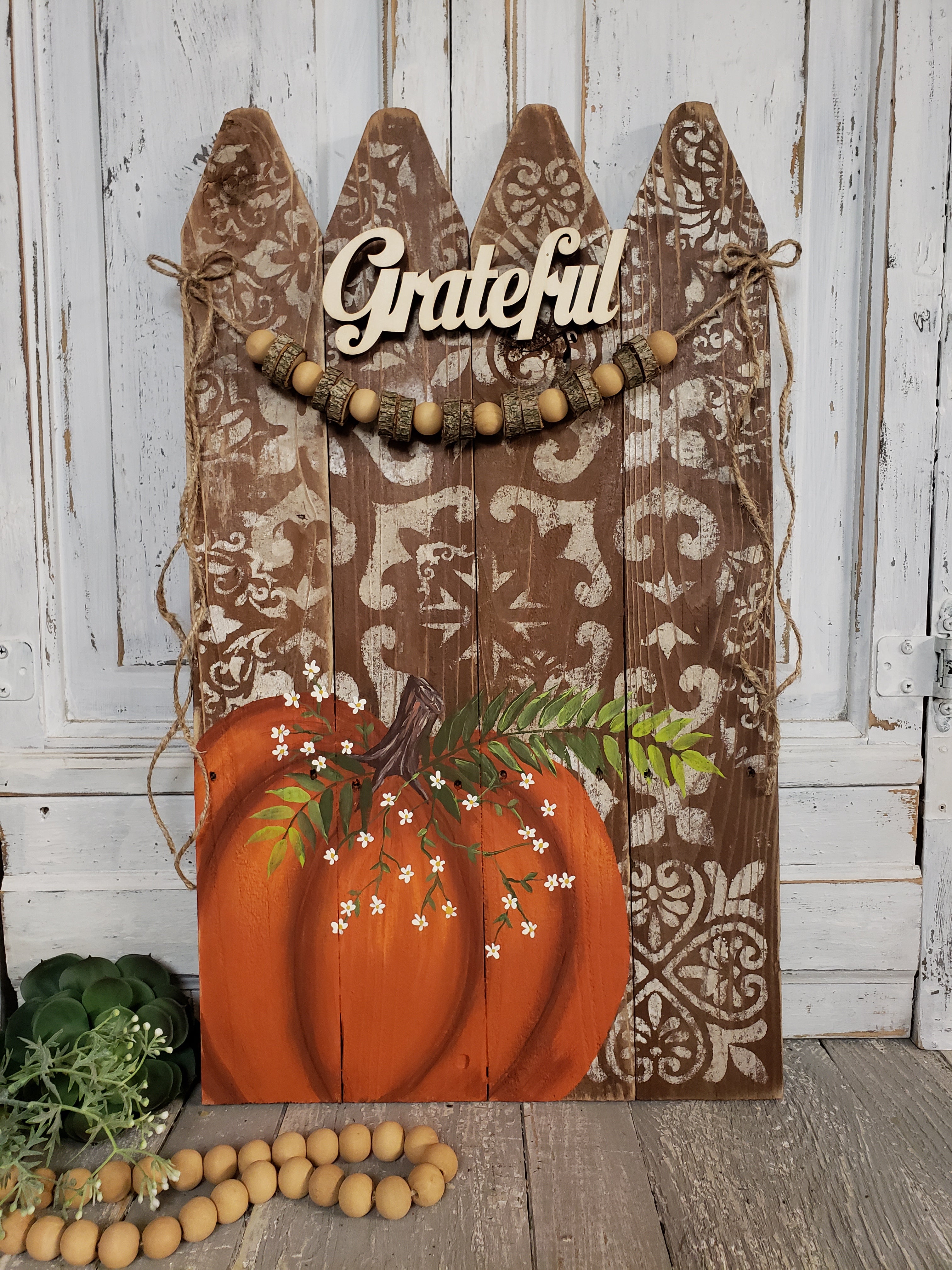 Pumpkin Fall Decor, Grateful Thanksgiving design, wooden bead wood slices garland, handpainted picket fence with modern moroccan stencil