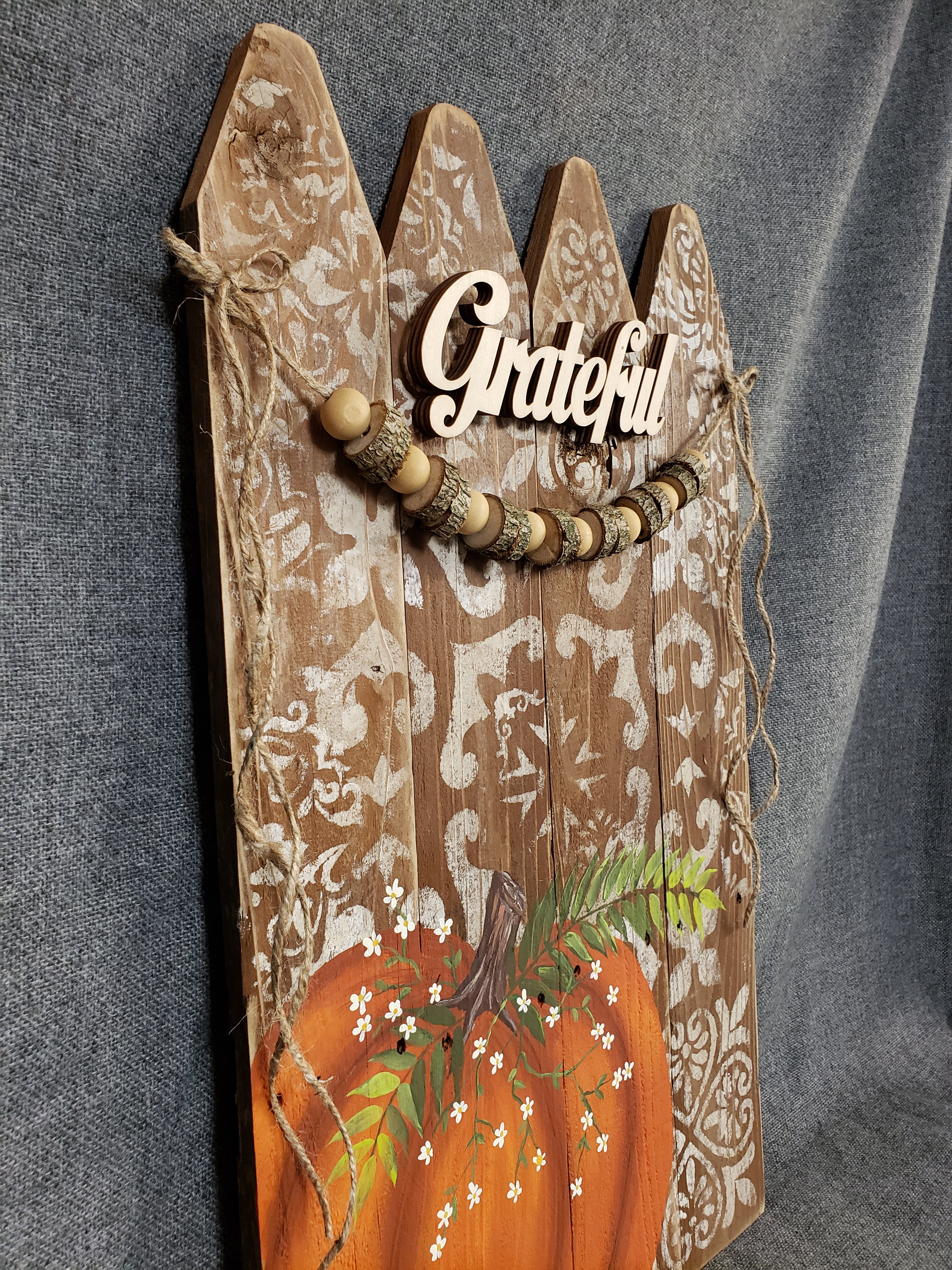 Pumpkin Fall Decor, Grateful Thanksgiving design, wooden bead wood slices garland, handpainted picket fence with modern moroccan stencil