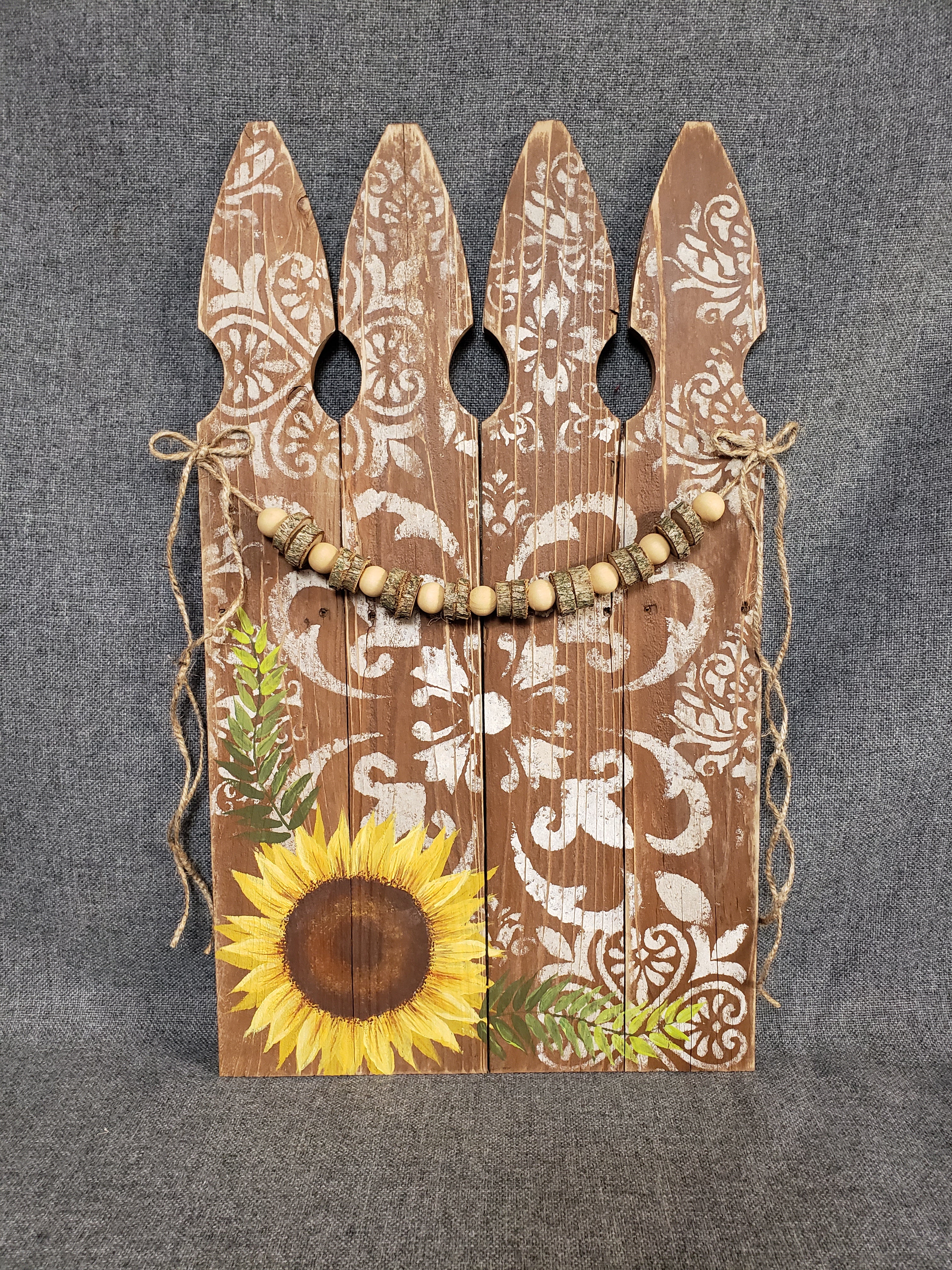 Sunflower Fall Decor, Blessed, Thanksgiving decorations, wooden bead and wood slice garland, handpainted picket fence with modern moroccan stencil