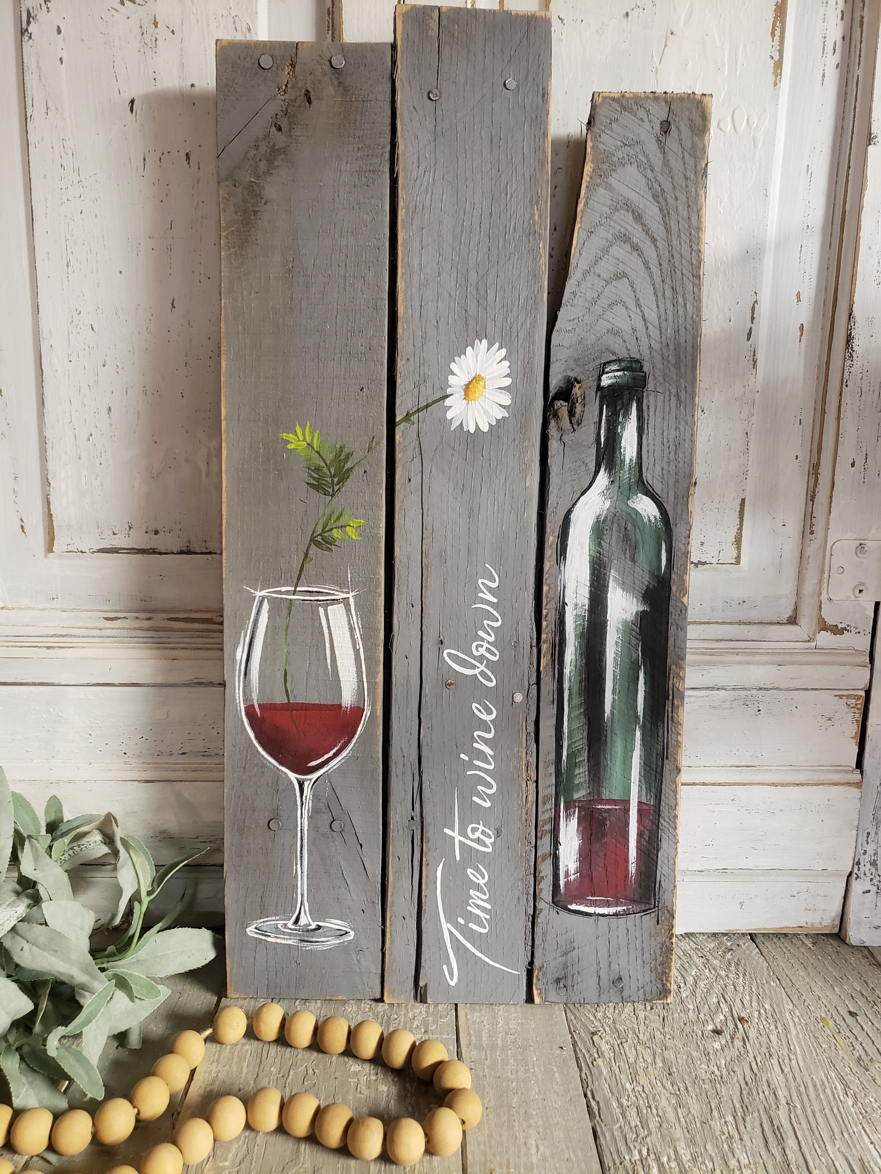 Wine bottle hand painted pallet art, wine lover gift, Time to wine word art, rustic farmhouse decor